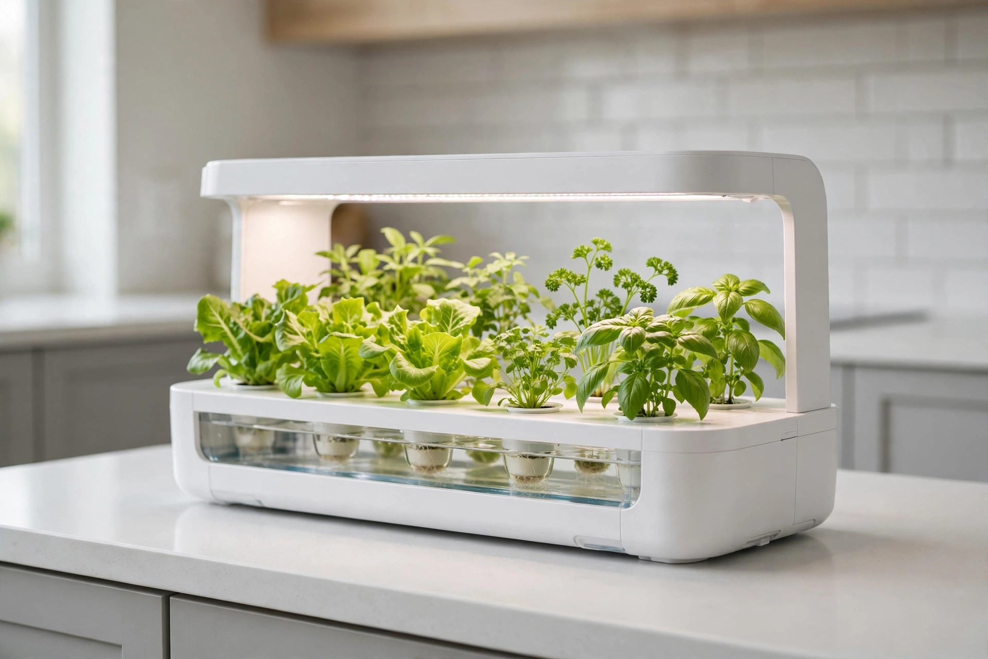 Hydroponic countertop garden unit growing lettuce and herbs under a built-in light on a clean kitchen counter