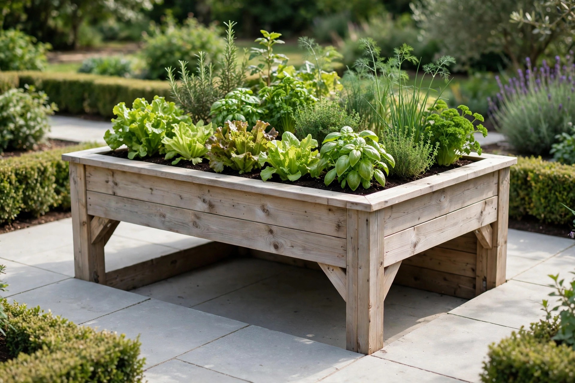 Accessible raised bed at seated height with an open knee recess underneath, growing salads and herbs