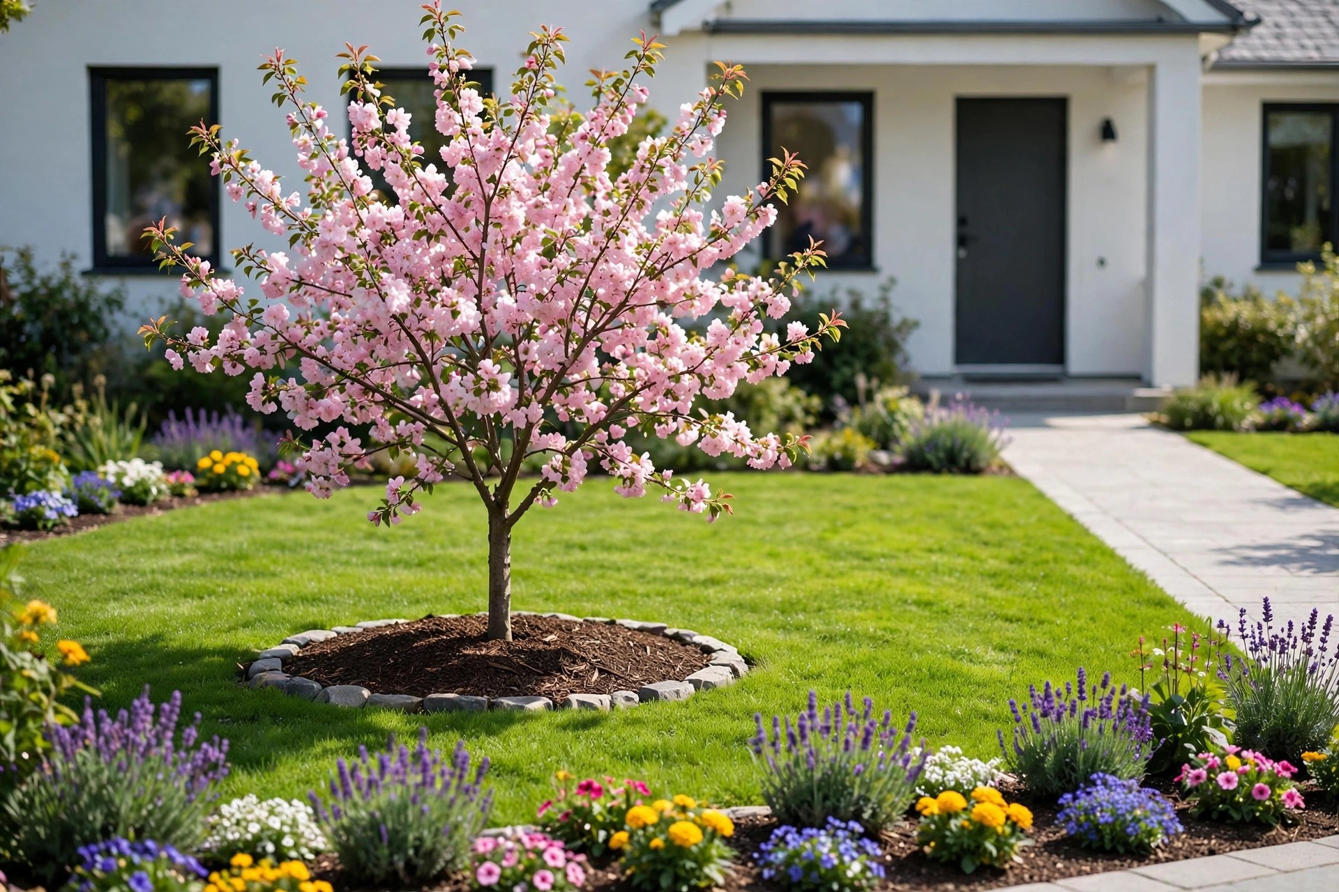 Small pink flowering tree in a circular mulched bed in a pristine front lawn