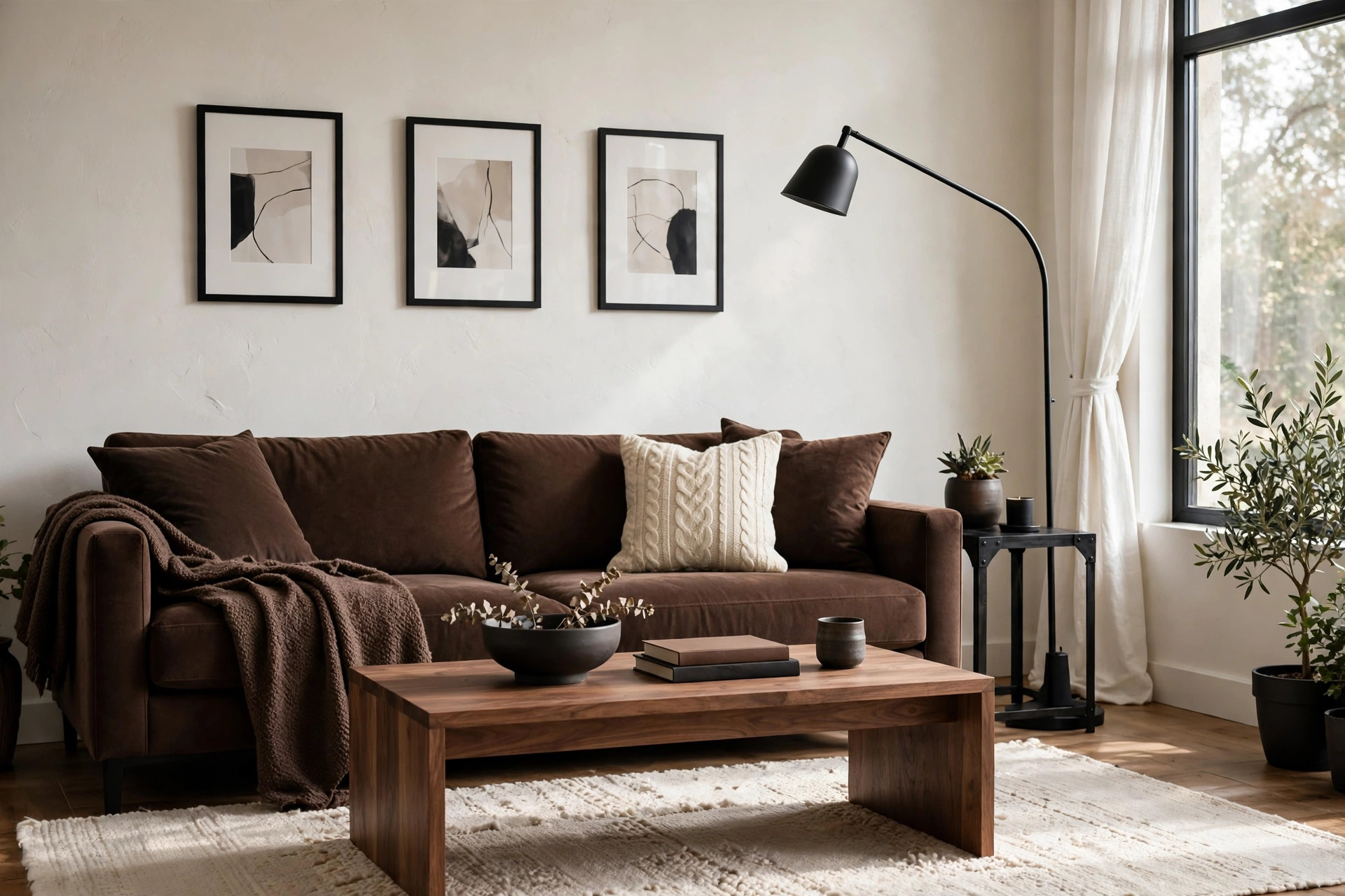 Modern brown living room with matte black floor lamp, black frames and a chocolate sofa