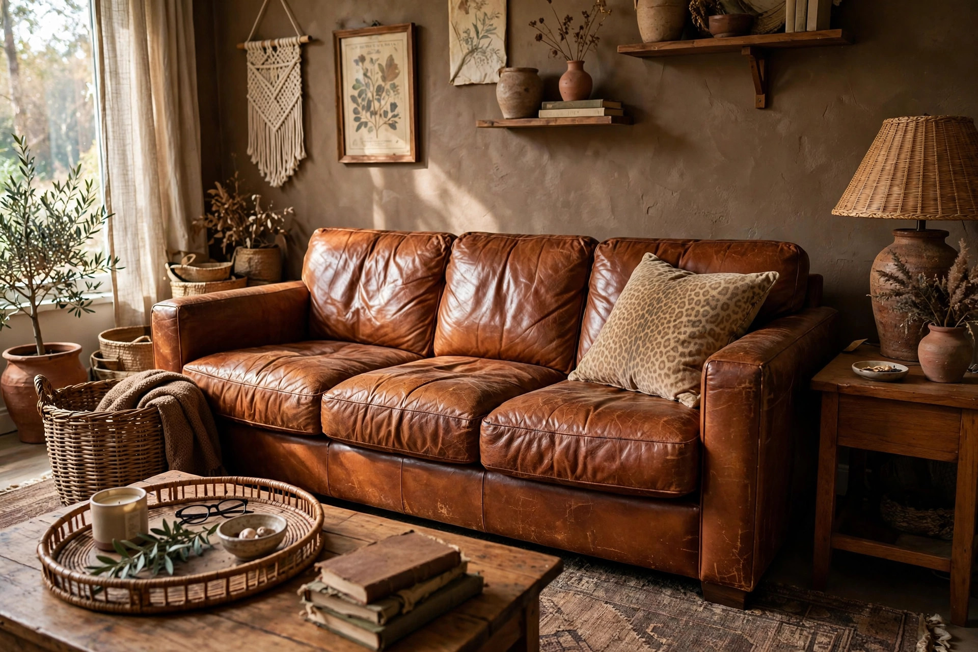Eclectic brown living room with a single leopard print accent chair cushion and warm leather and wood furniture
