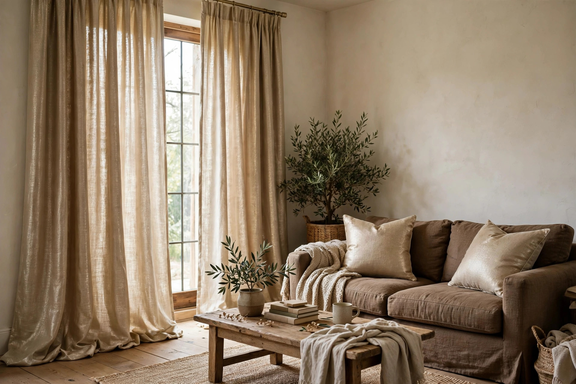 Champagne gold drapes framing a window beside a brown sofa in a brown and gold living room