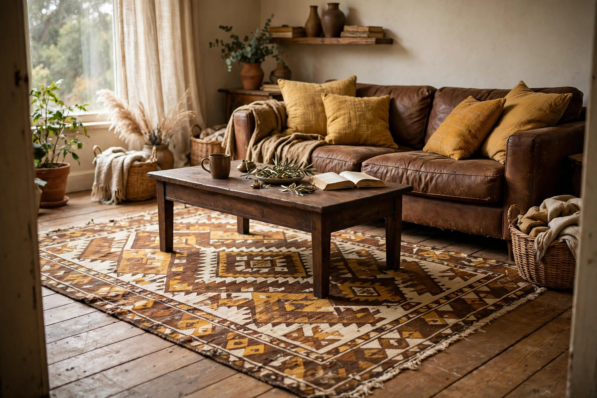 Patterned rug in brown ochre and cream under a coffee table in a brown and yellow living room