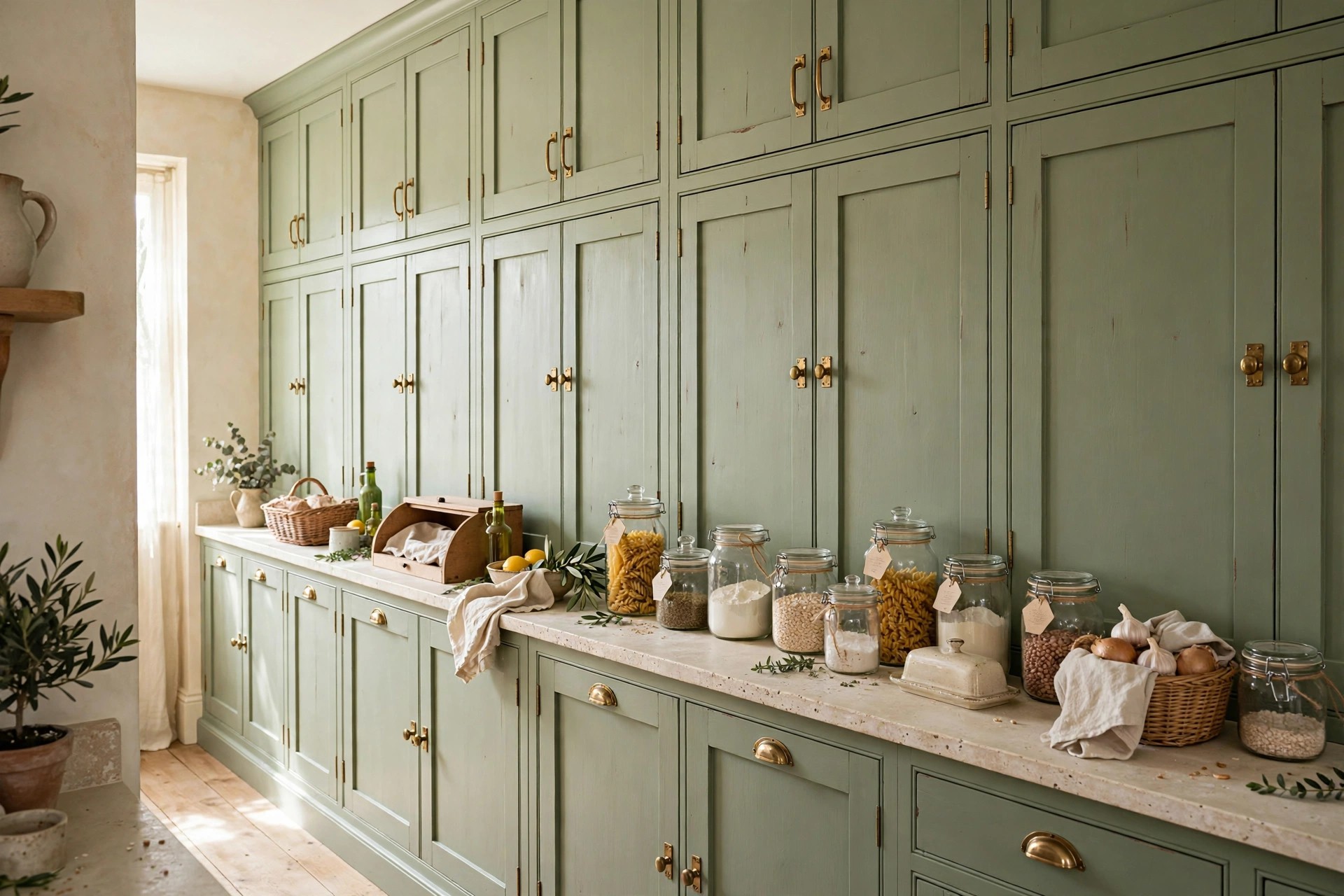 Full-height sage green pantry cupboards in a cream kitchen