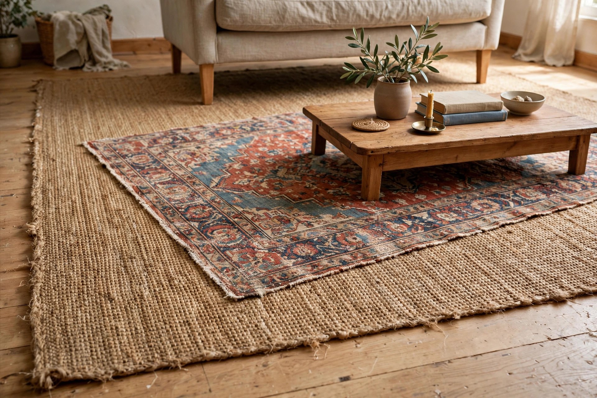 Layered rugs in a budget living room makeover with a patterned rug over a large plain one