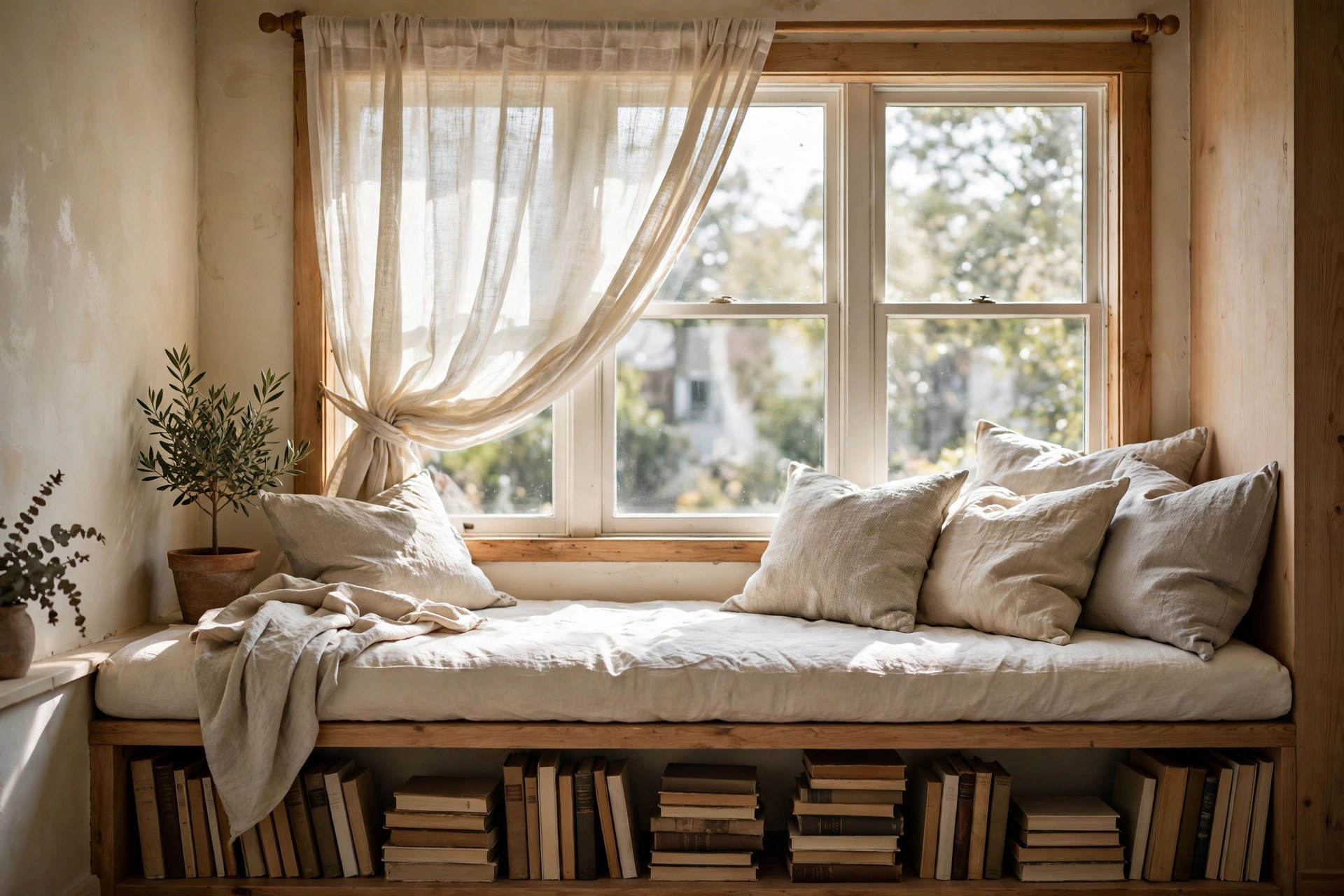 Window seat reading nook with cushions and a low bookshelf beneath in a bright bedroom