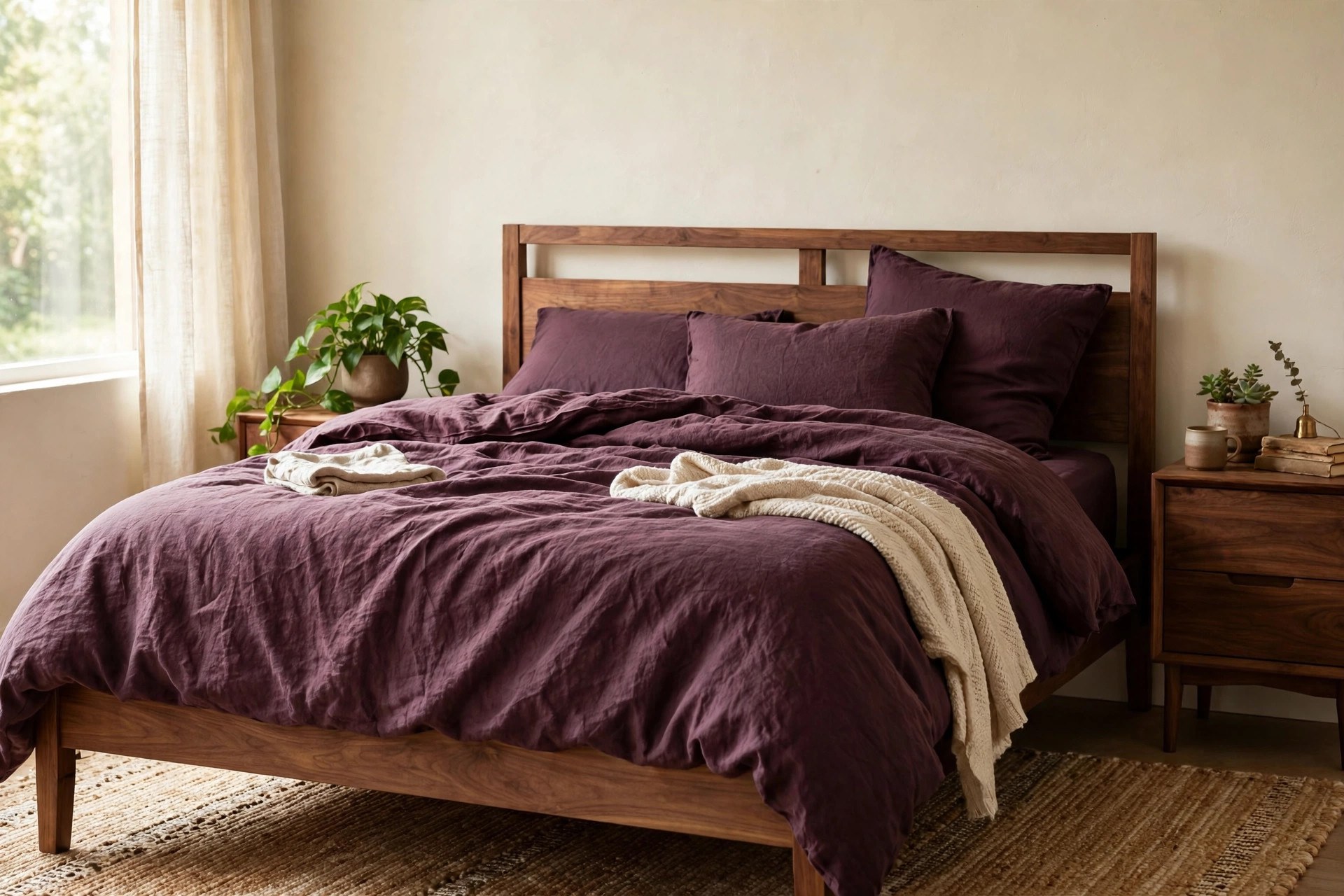 Warm walnut bed frame and wooden nightstands grounding a deep plum bedroom