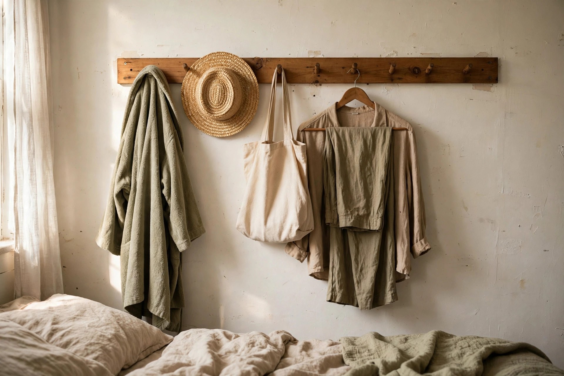 Wooden peg rail with hooks holding daily clothes and bags in a no closet bedroom