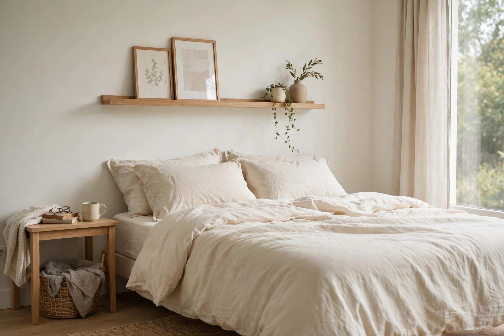 Slim oak picture ledge shelf with leaning frames and a trailing plant above a bed with no headboard