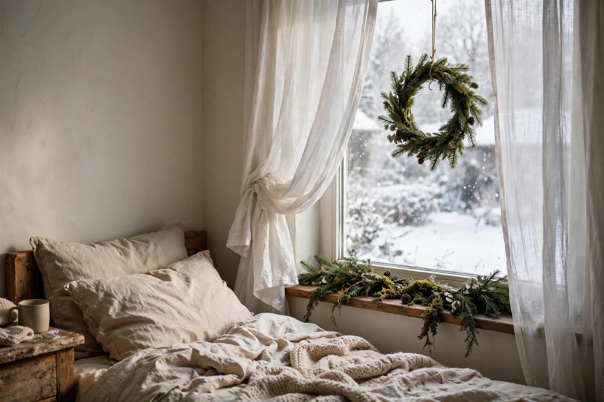 Christmas bedroom window dressed with sheer curtains, a small wreath and an evergreen garland