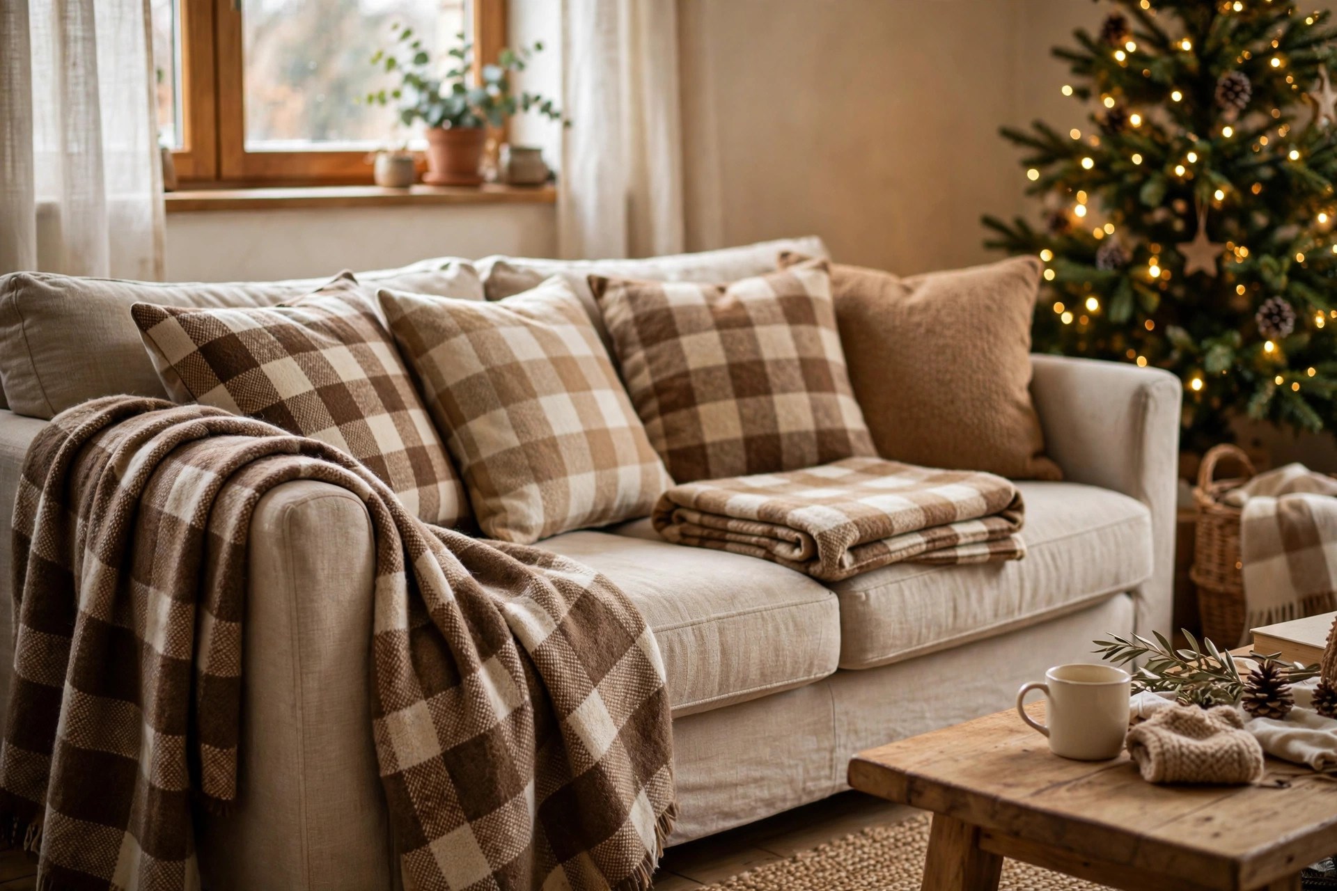 Brown plaid throw and cushions layered on a sofa in a brown and gold Christmas living room