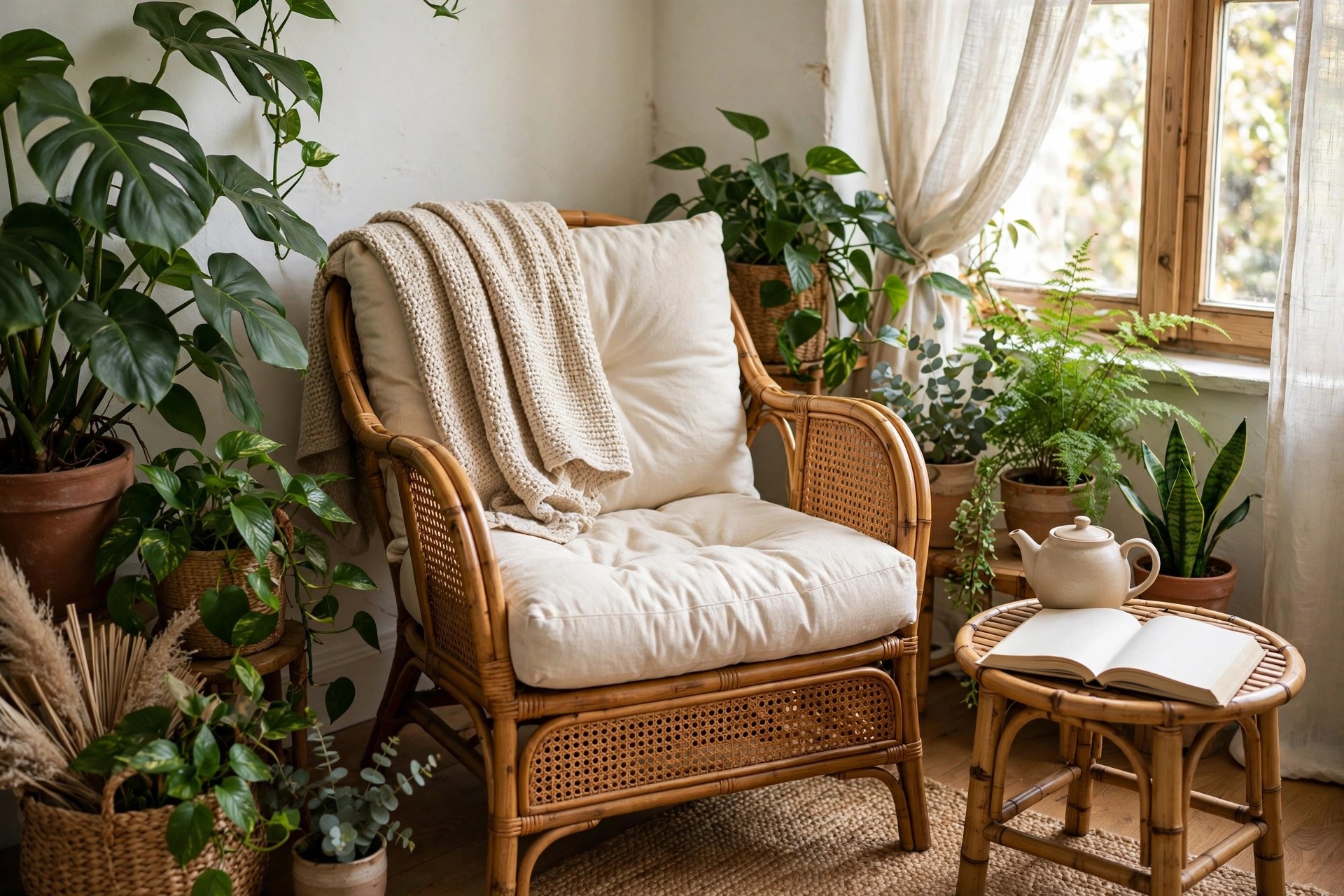 Natural rattan reading chair with cream cushions in a plant-filled corner, a light and airy reading chair for small spaces