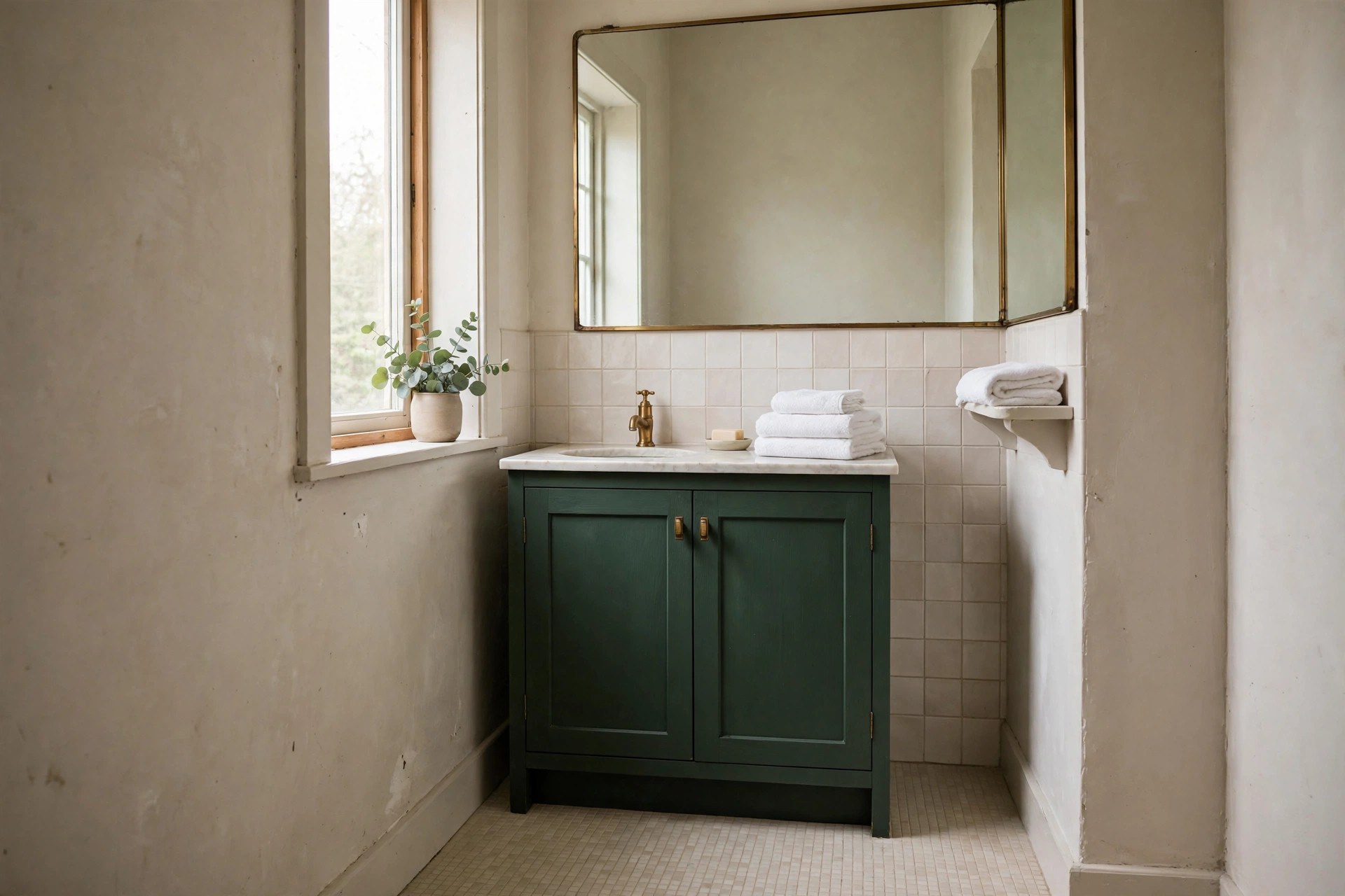 Pale small bathroom with one dark green vanity as a single accent
