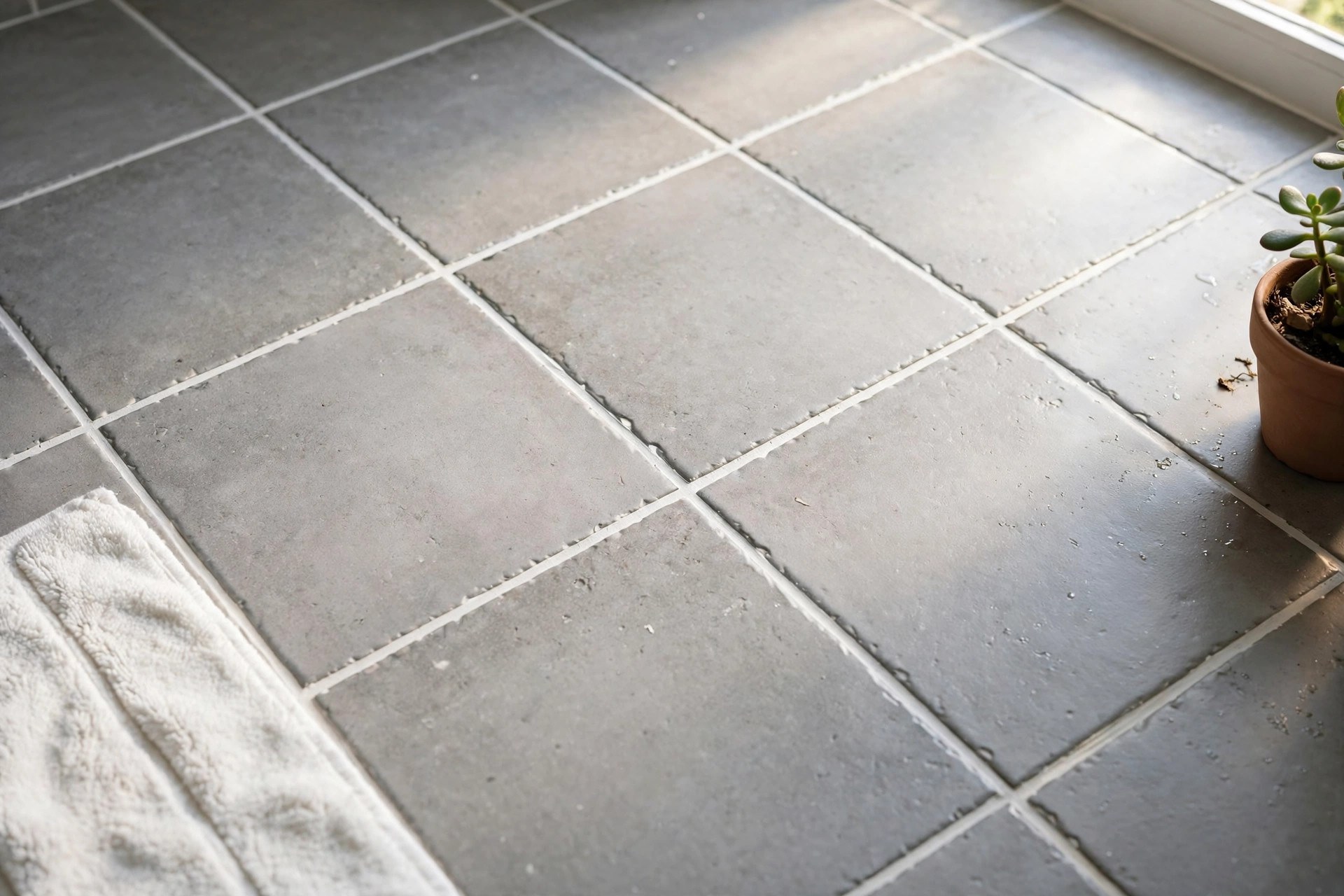Freshly whitened grout lines between grey bathroom floor tiles after a grout refresh