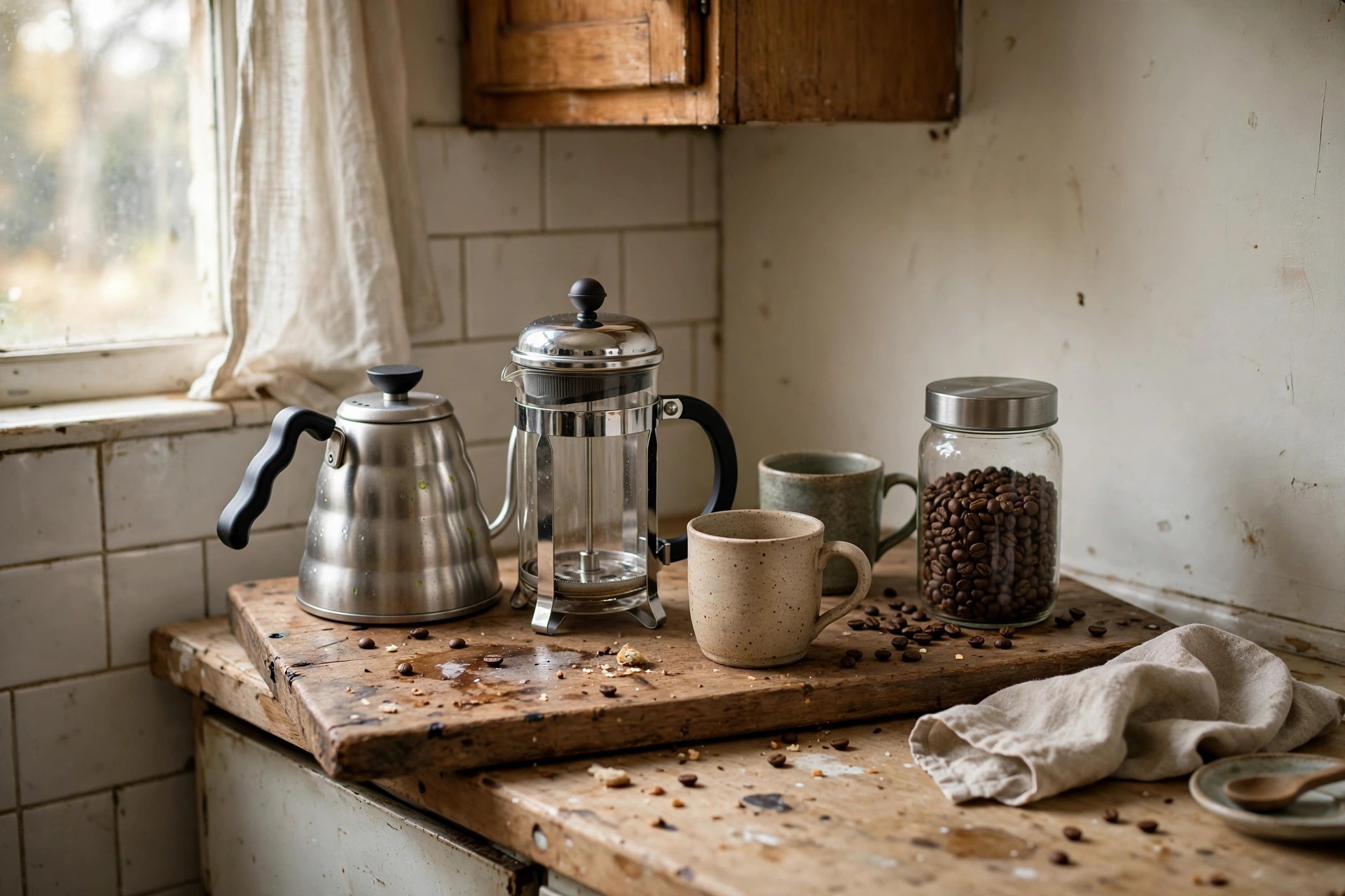 Portable wooden tray coffee station with a kettle, French press, mugs and a jar of coffee beans