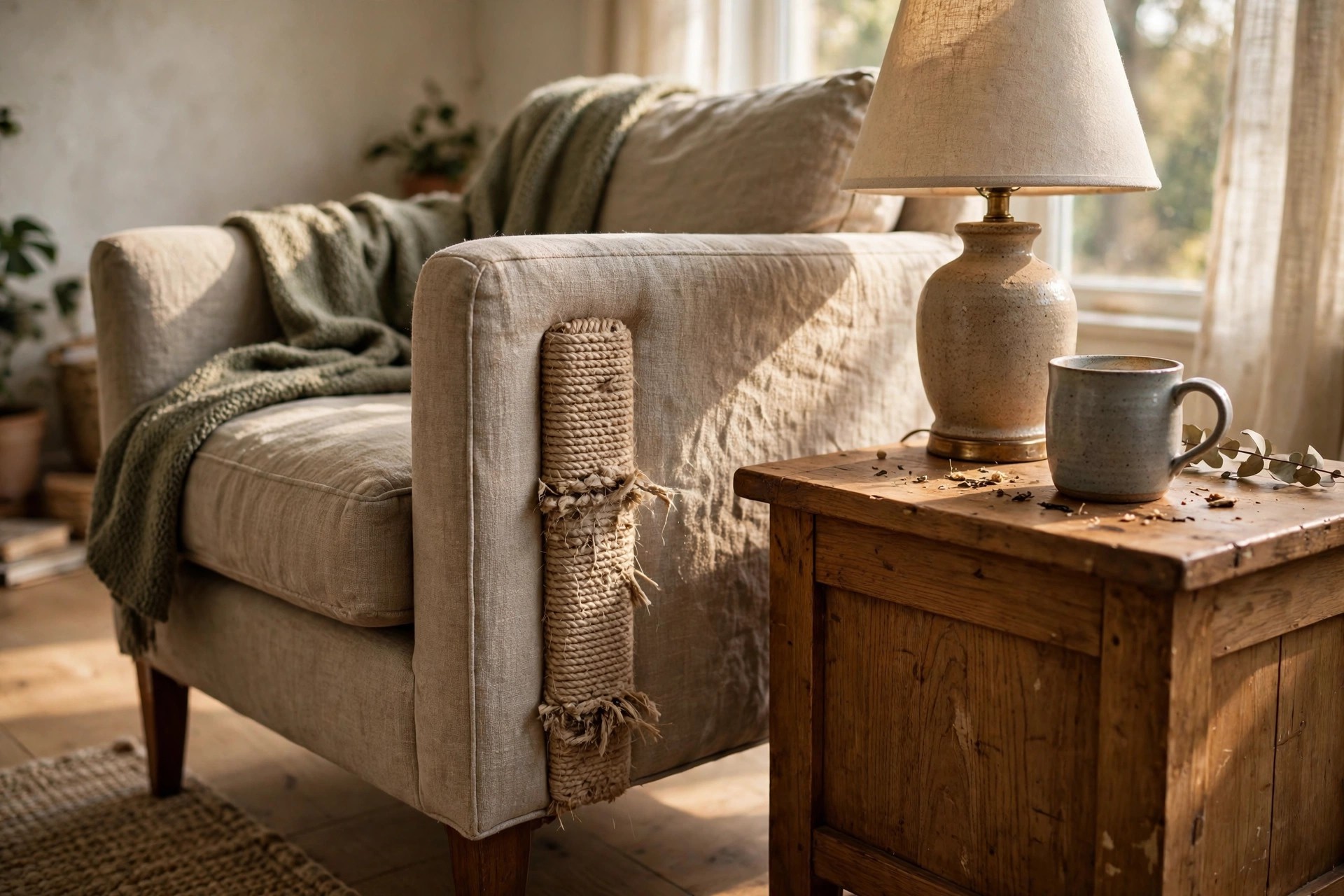 Wooden side table with a sisal scratching surface built into its side next to a living room armchair
