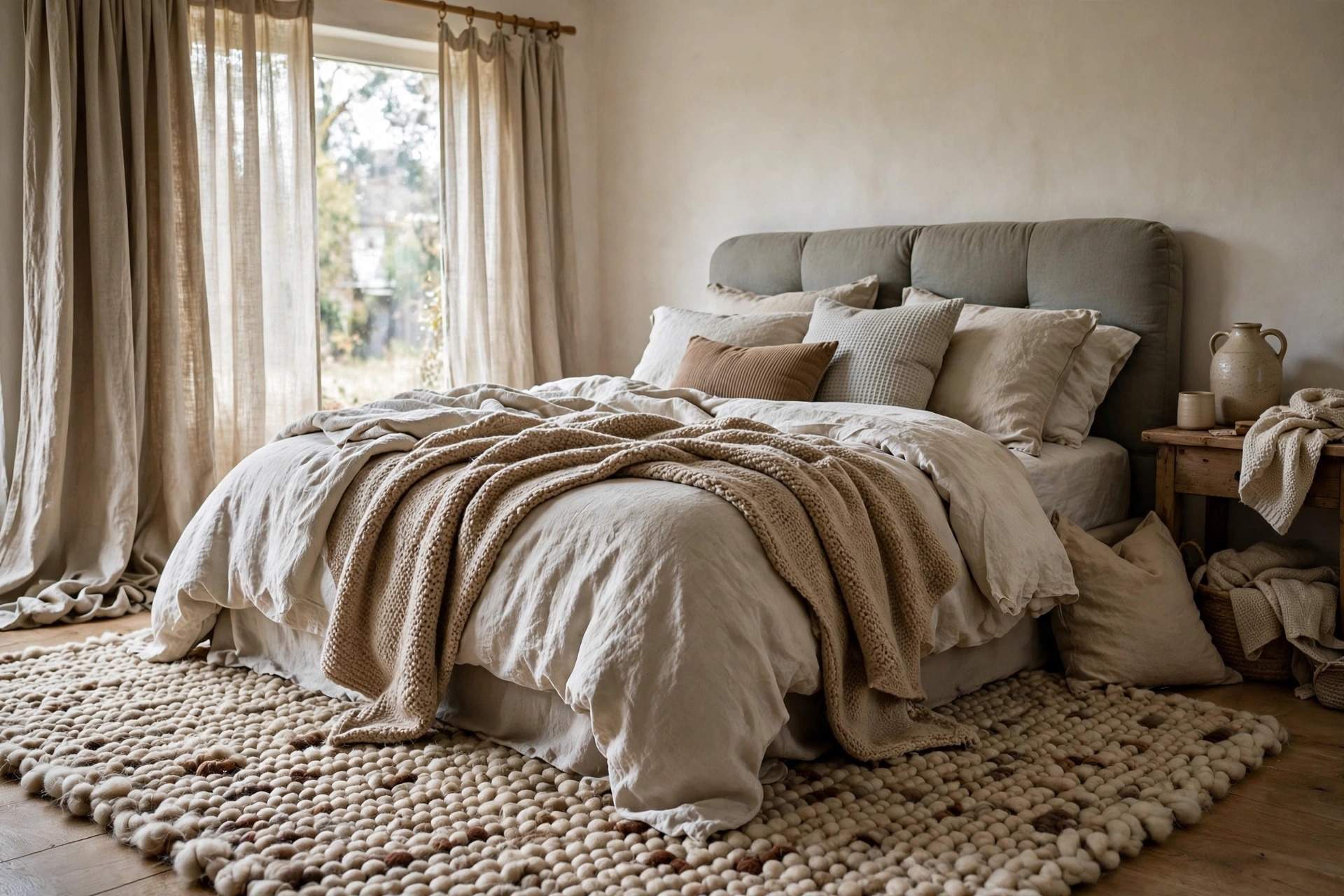 Layered bedroom with a thick rug, fabric curtains and an upholstered headboard softening sound