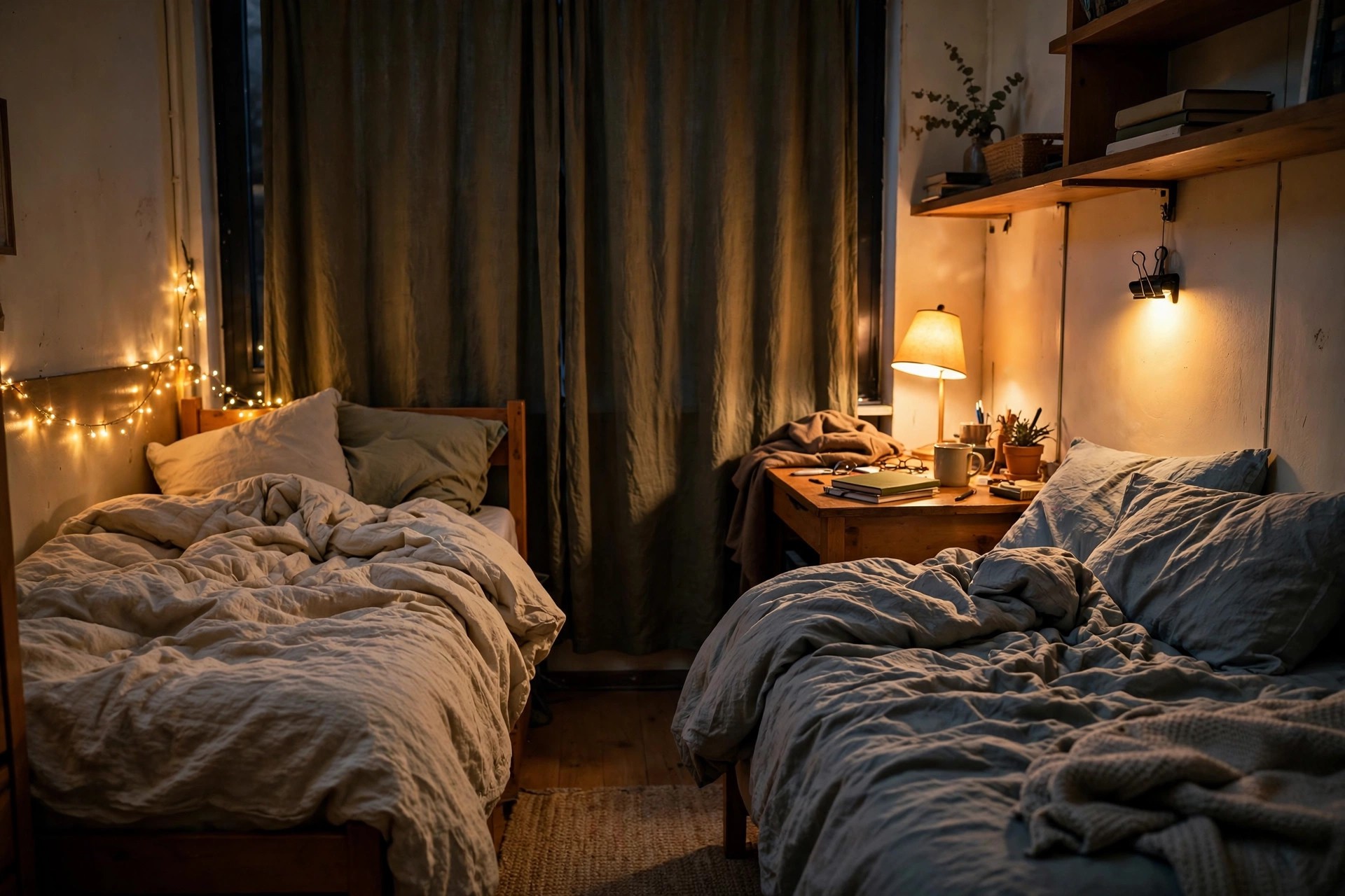 Dorm room at dusk with layered lighting from fairy lights, a clip-on reading light and a warm desk lamp