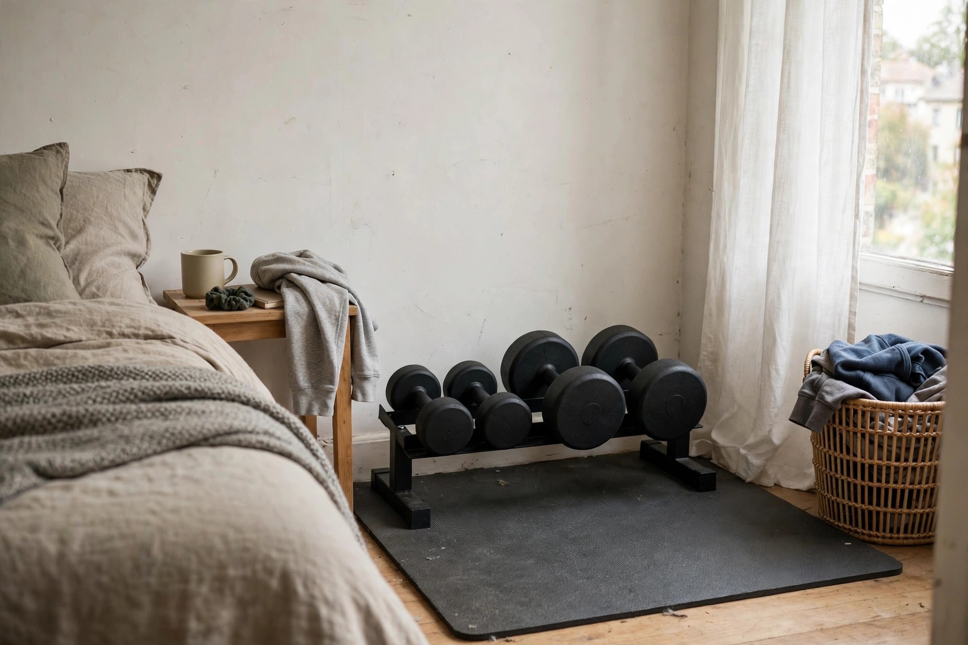 Low dumbbell rack with padded feet tucked into a bedroom corner on a protective mat