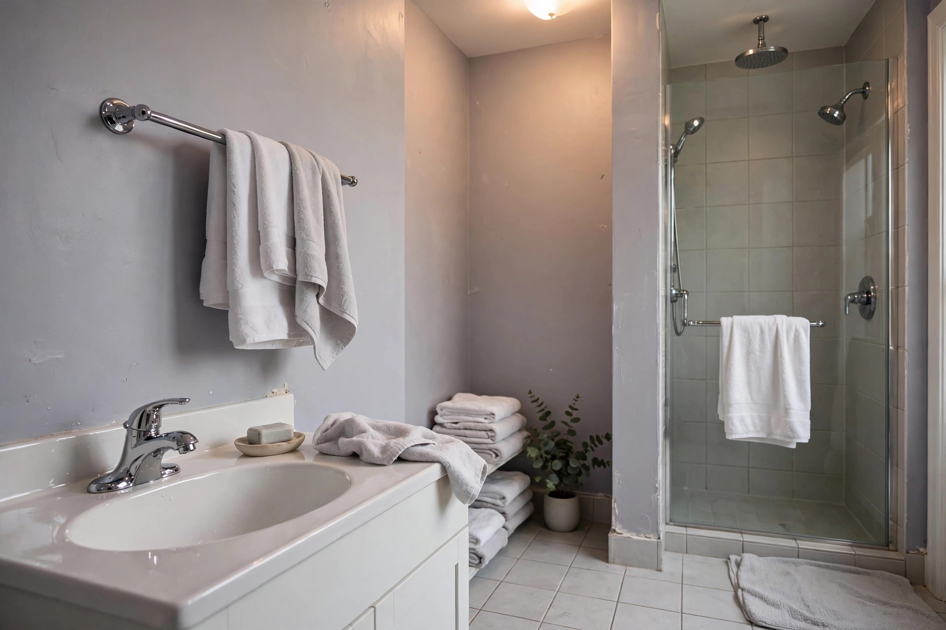 Pale lavender walls with a grey base in a calm bathroom with no windows and soft ceiling light