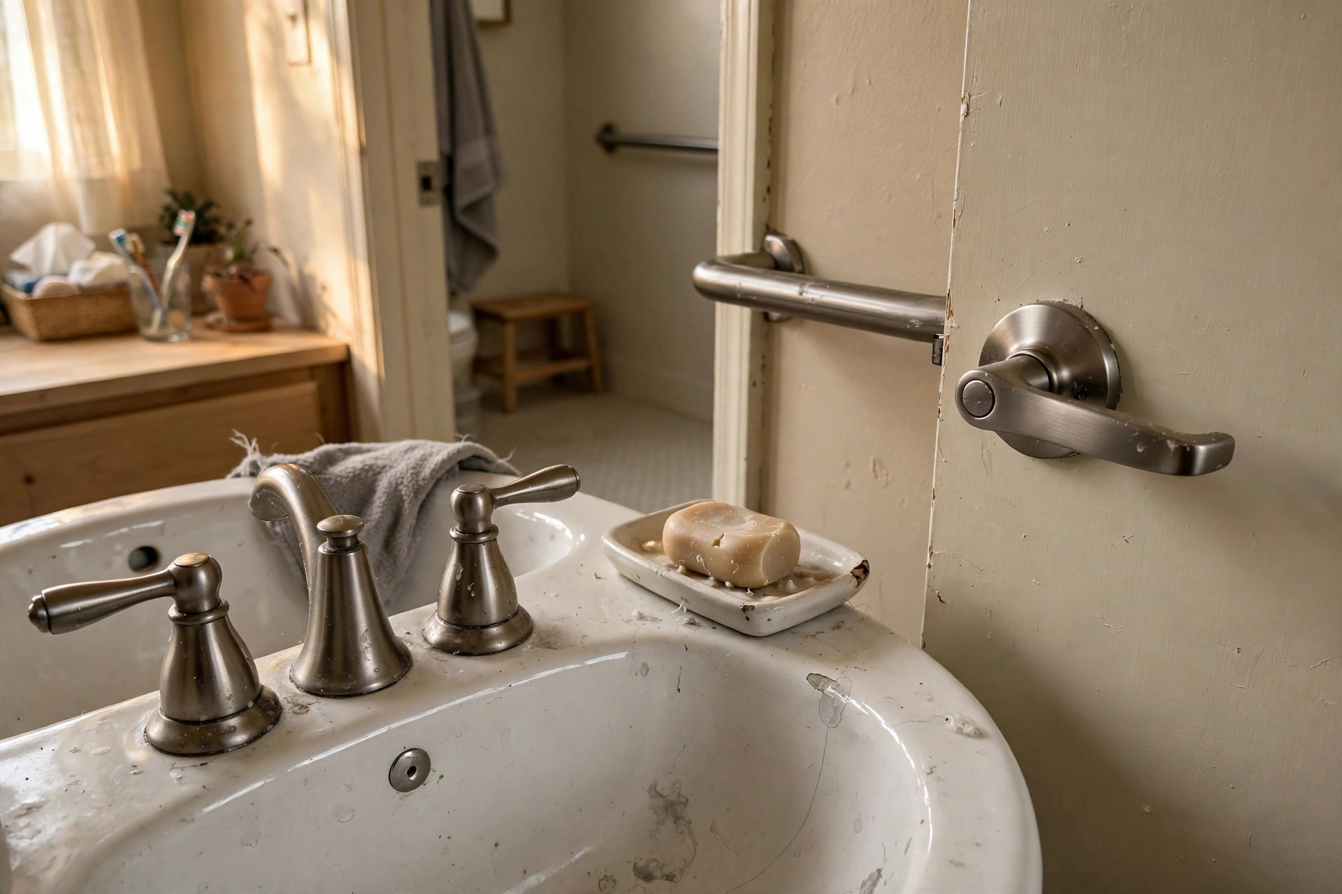 Lever-style taps and door handles in an aging in place bathroom designed for elderly parents