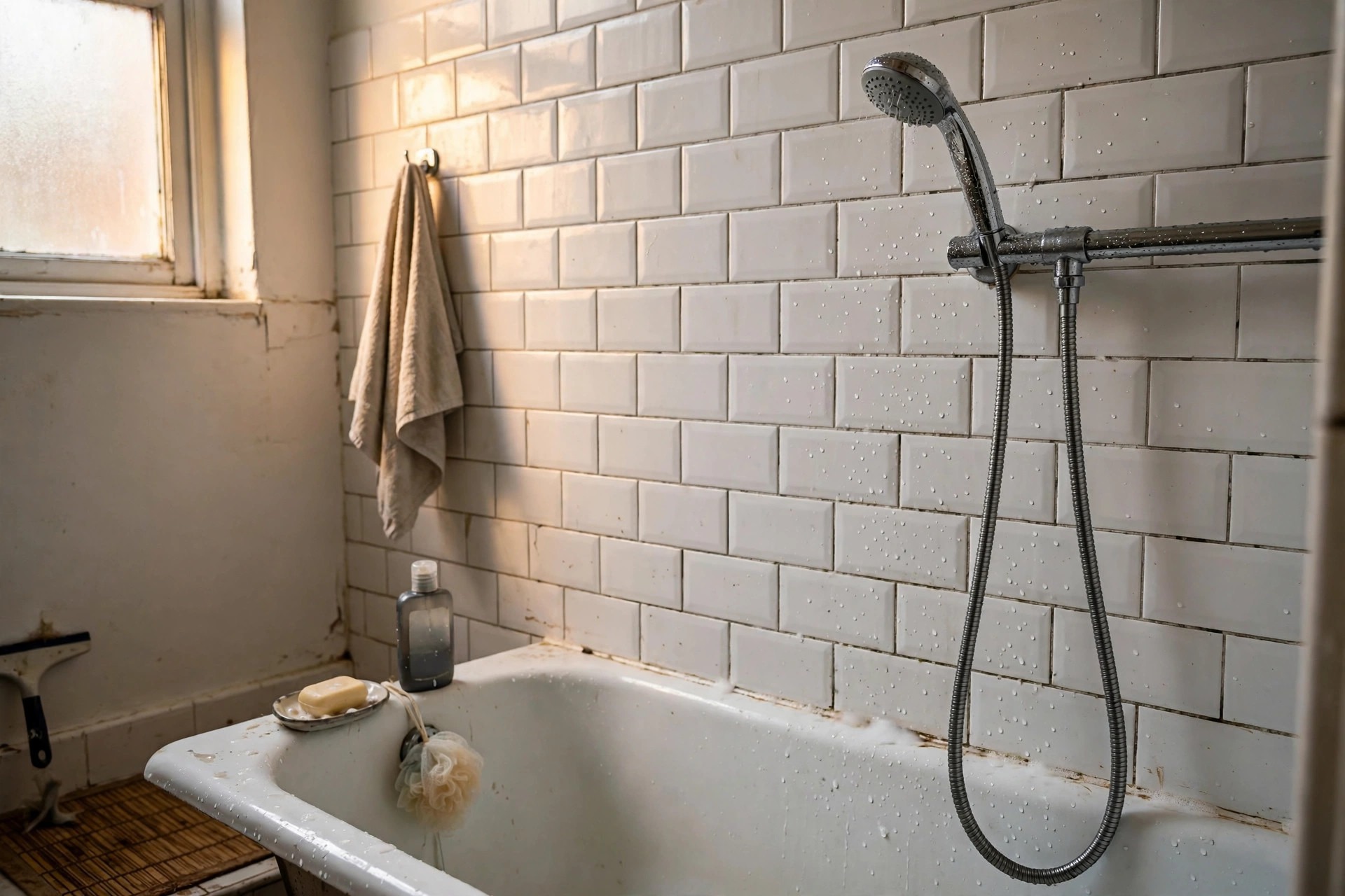 Handheld showerhead on a flexible hose over a bath in a renter friendly bathroom idea with no drilling