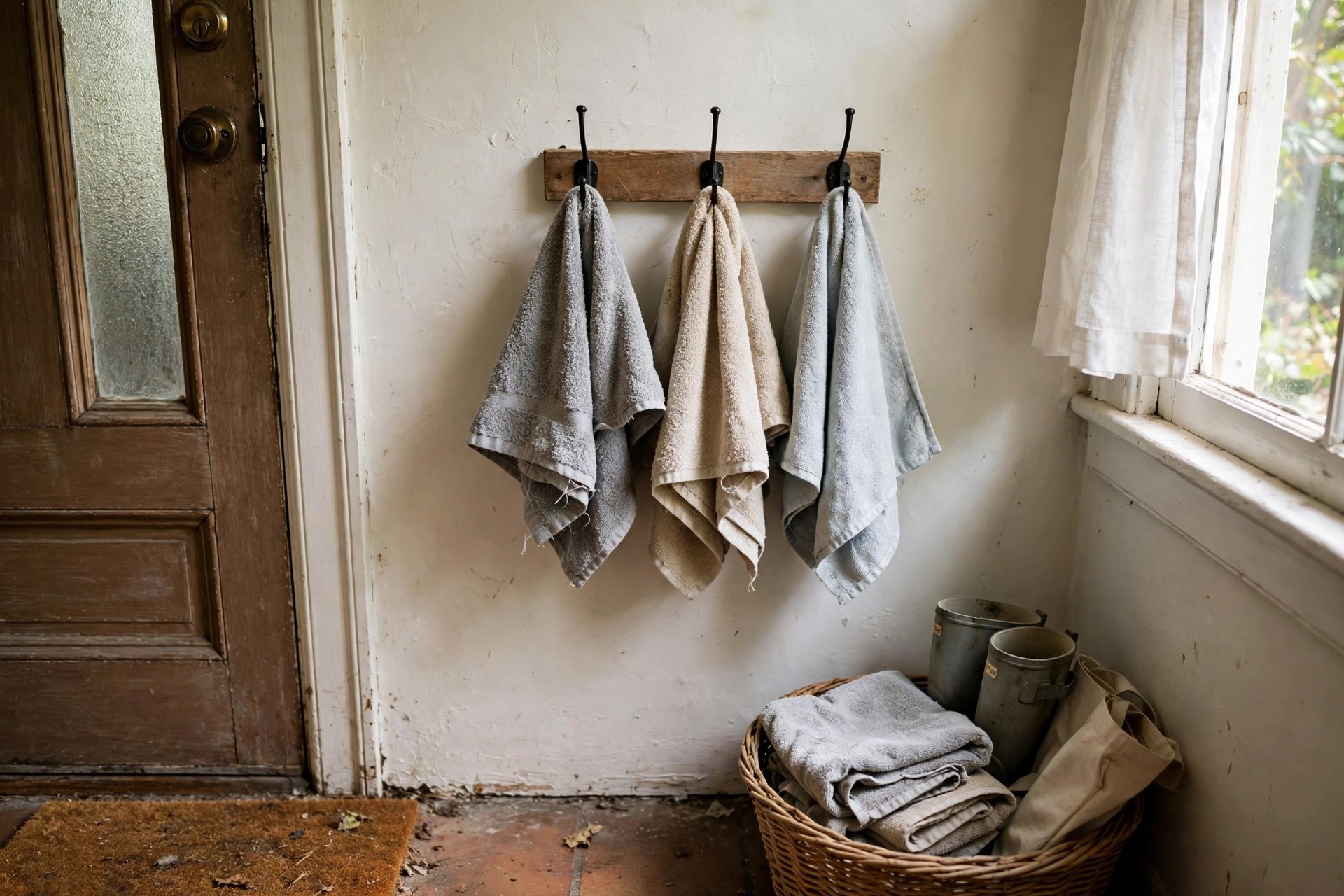 Folded dog towels on hooks within reach of the door in a dog-friendly entryway