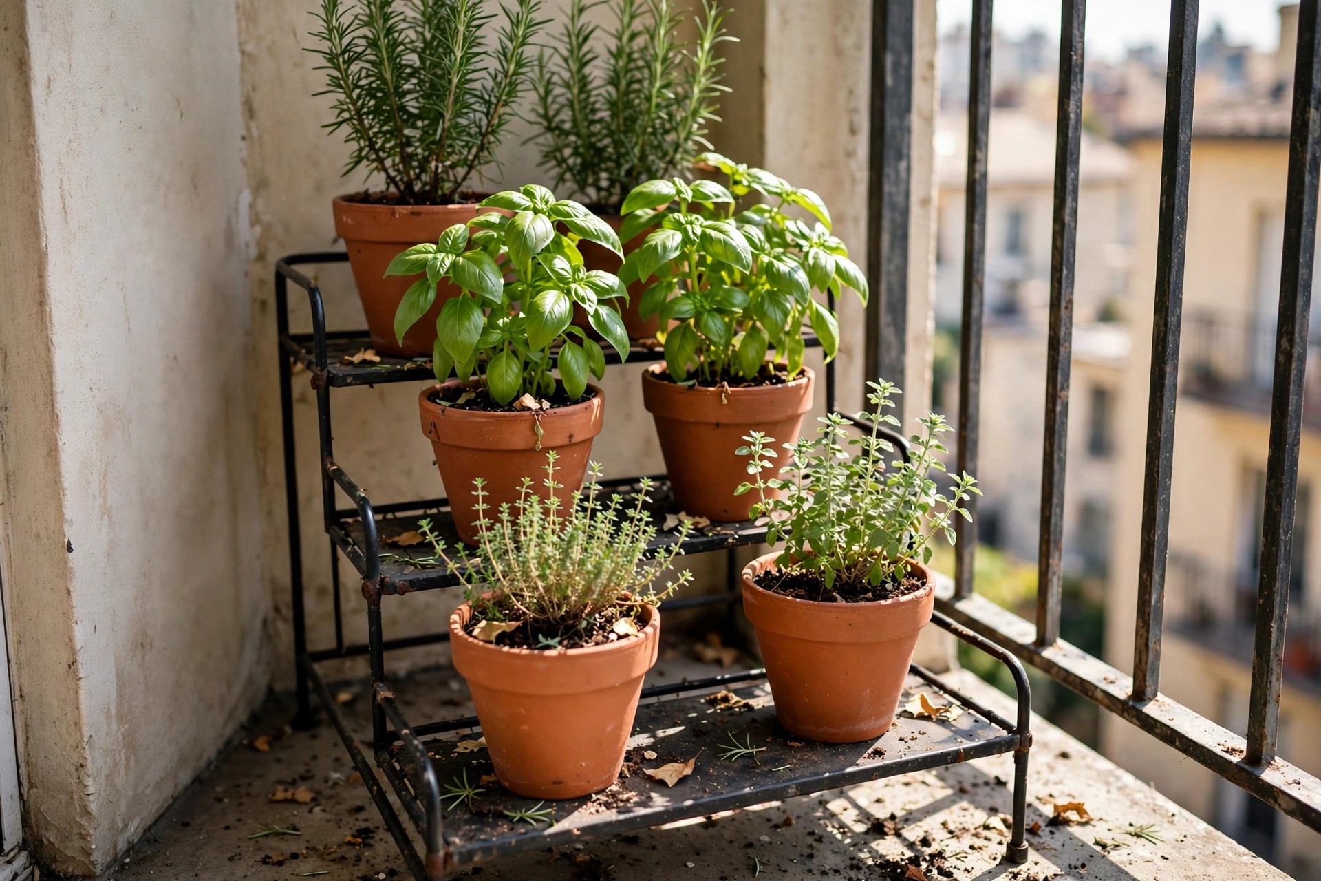 A tiered plant stand of herb pots arranged in the sunniest corner of a small balcony herb garden