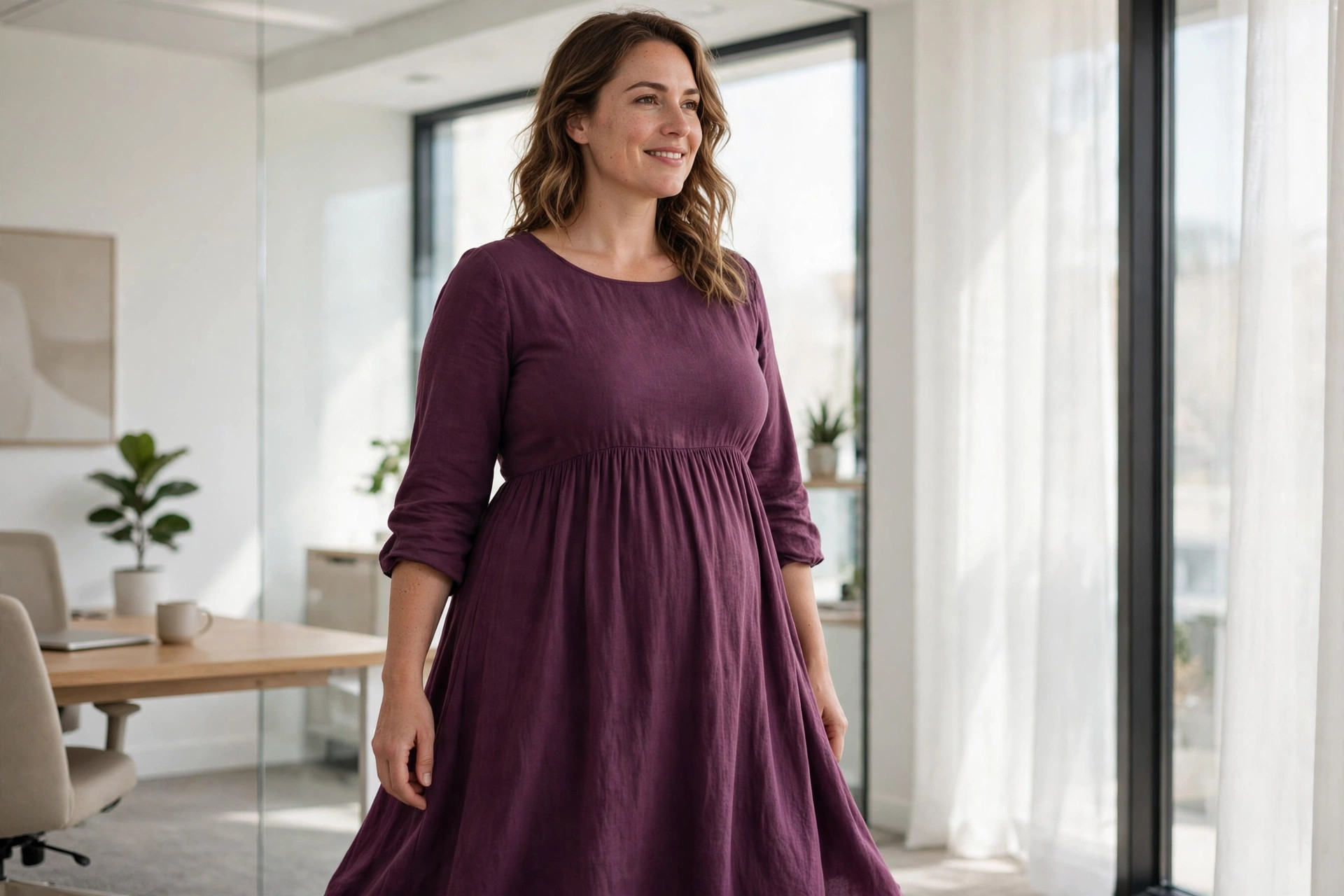 Apple shaped woman in a flowing plum empire-waist midi dress with three-quarter sleeves