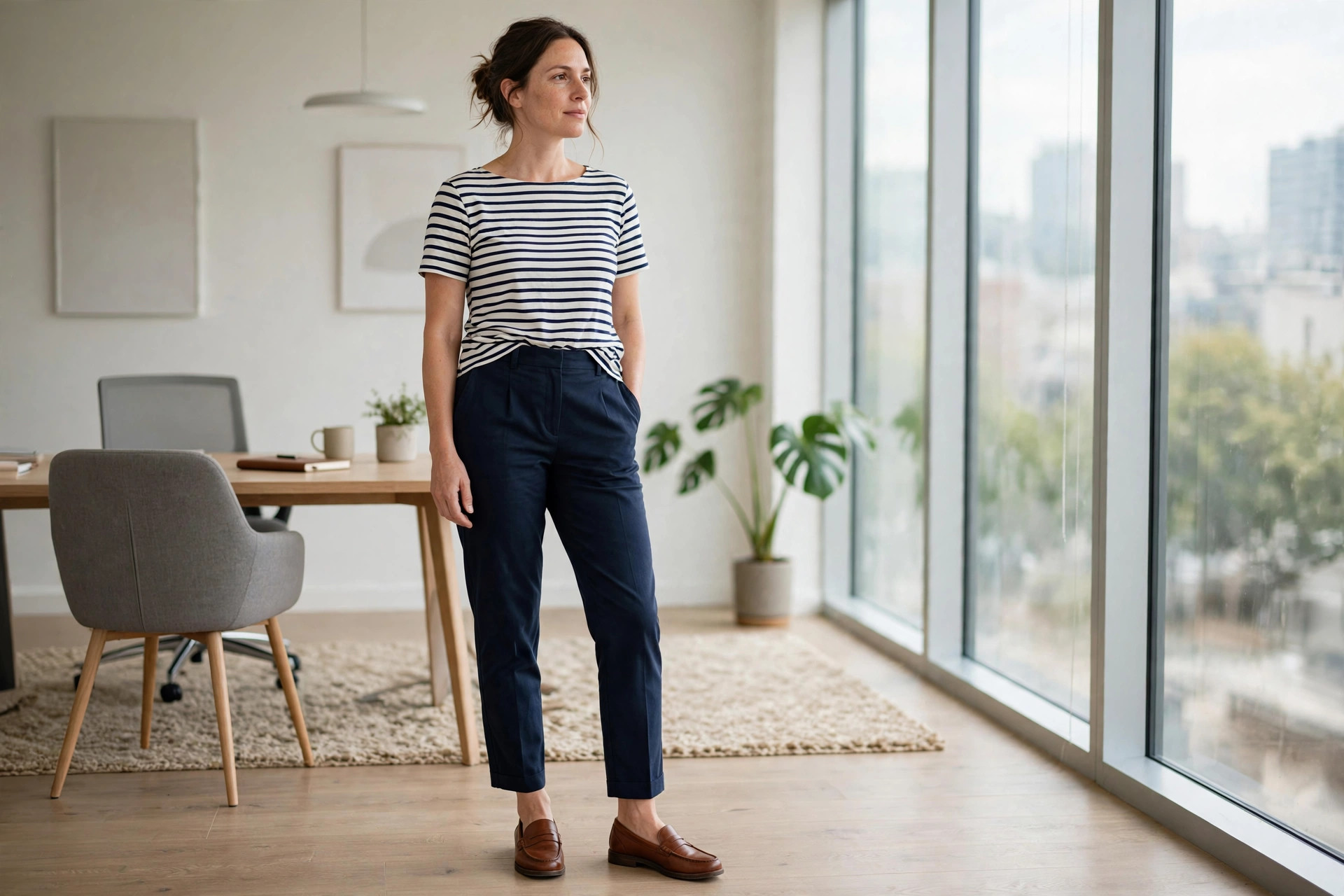 Woman in navy high-rise trousers and a navy-and-white striped Breton top by office windows