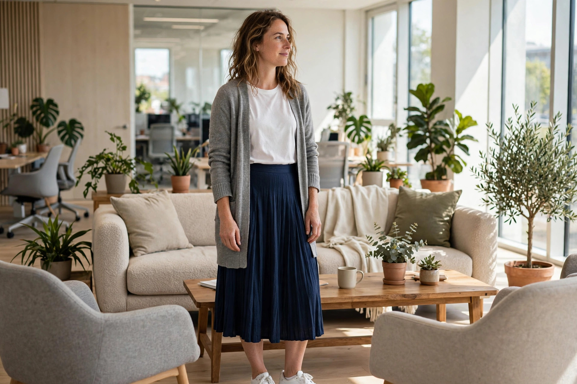 Long grey cardigan over a white top with a navy pleated midi skirt and white sneakers in an office lounge