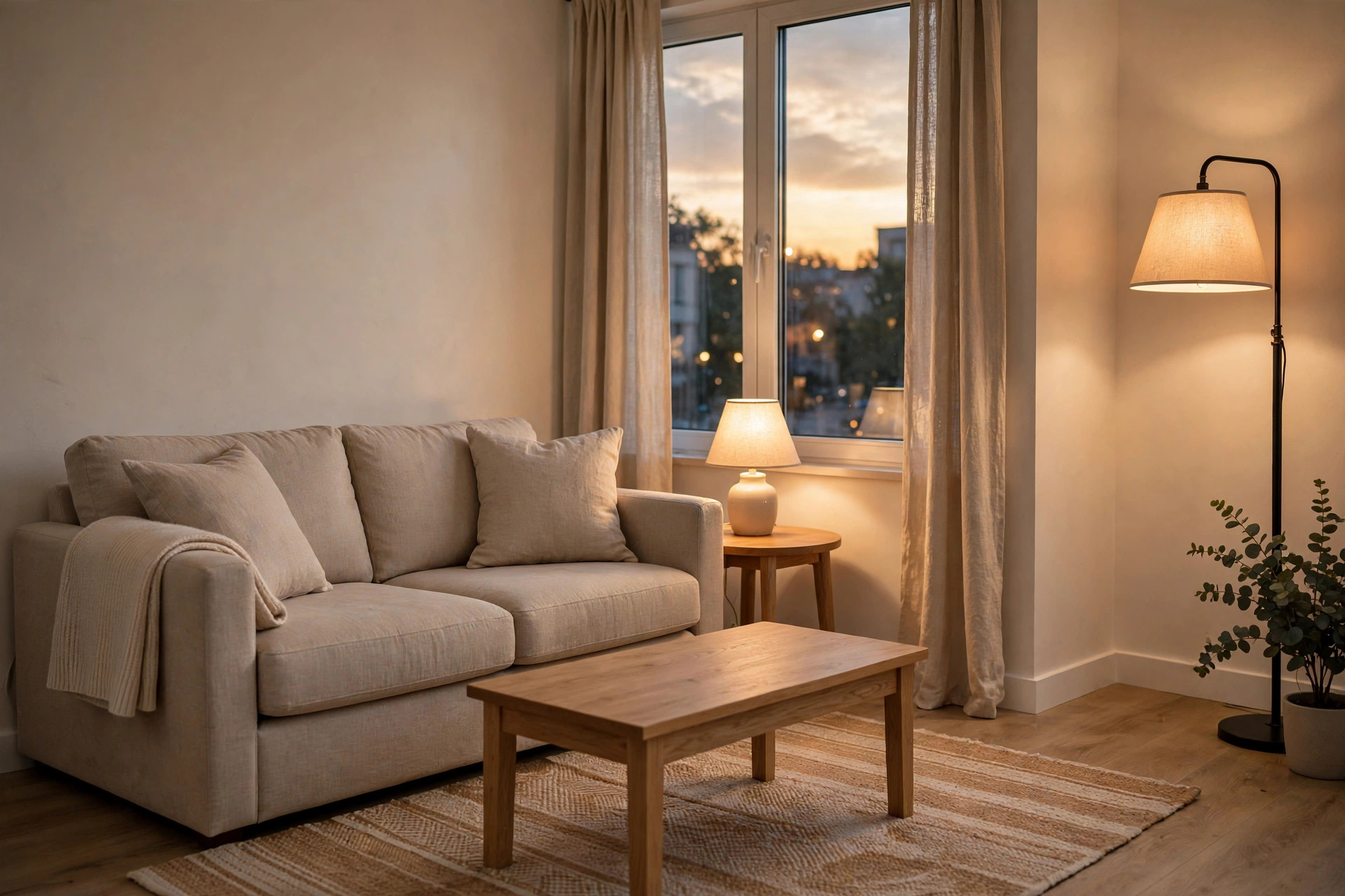 Cozy apartment living room at dusk with a lit floor lamp and table lamp glowing warmly beside a beige sofa