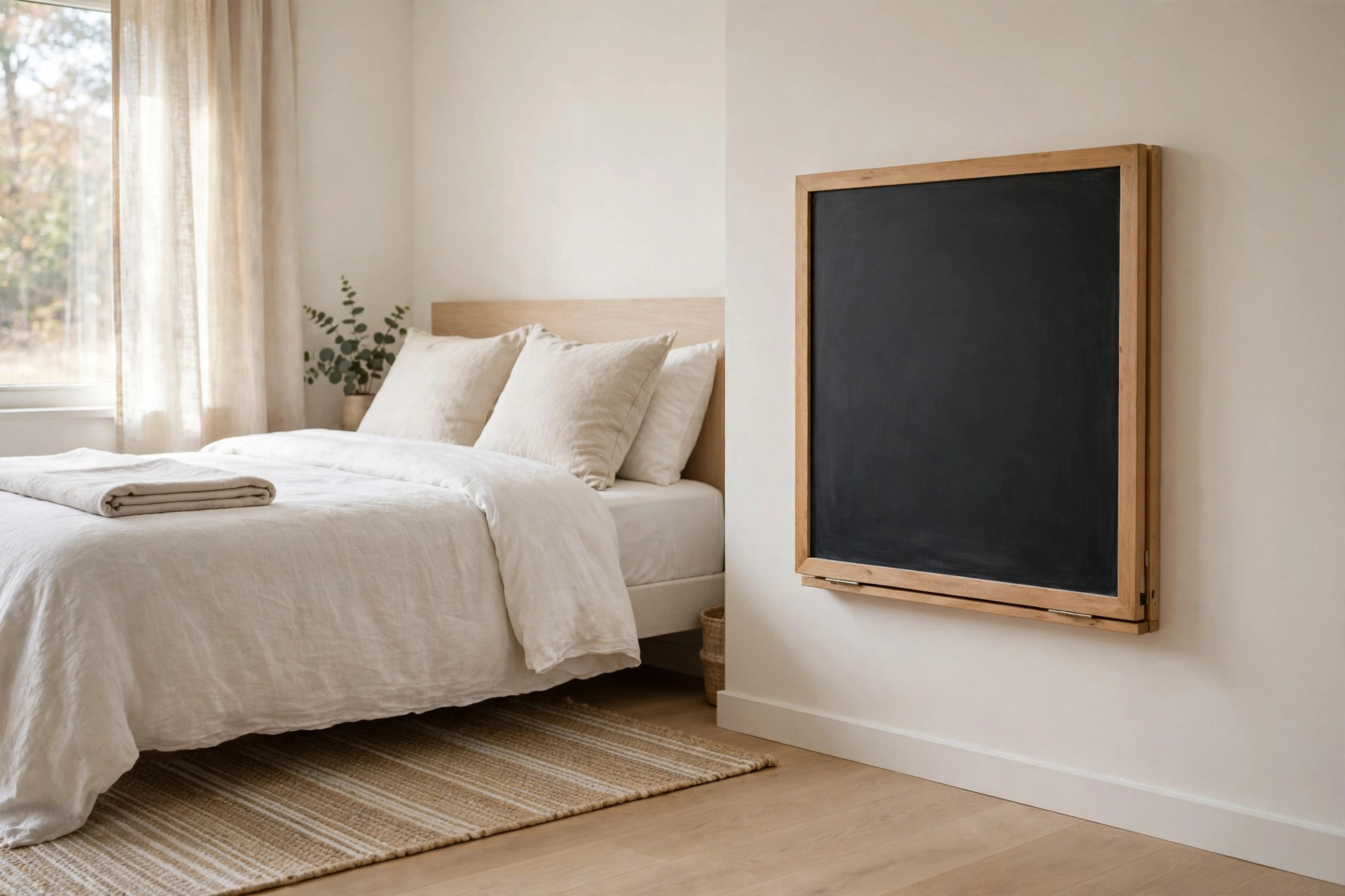 Fold-down desk folded flat against the wall as a framed dark panel beside a neatly made bed