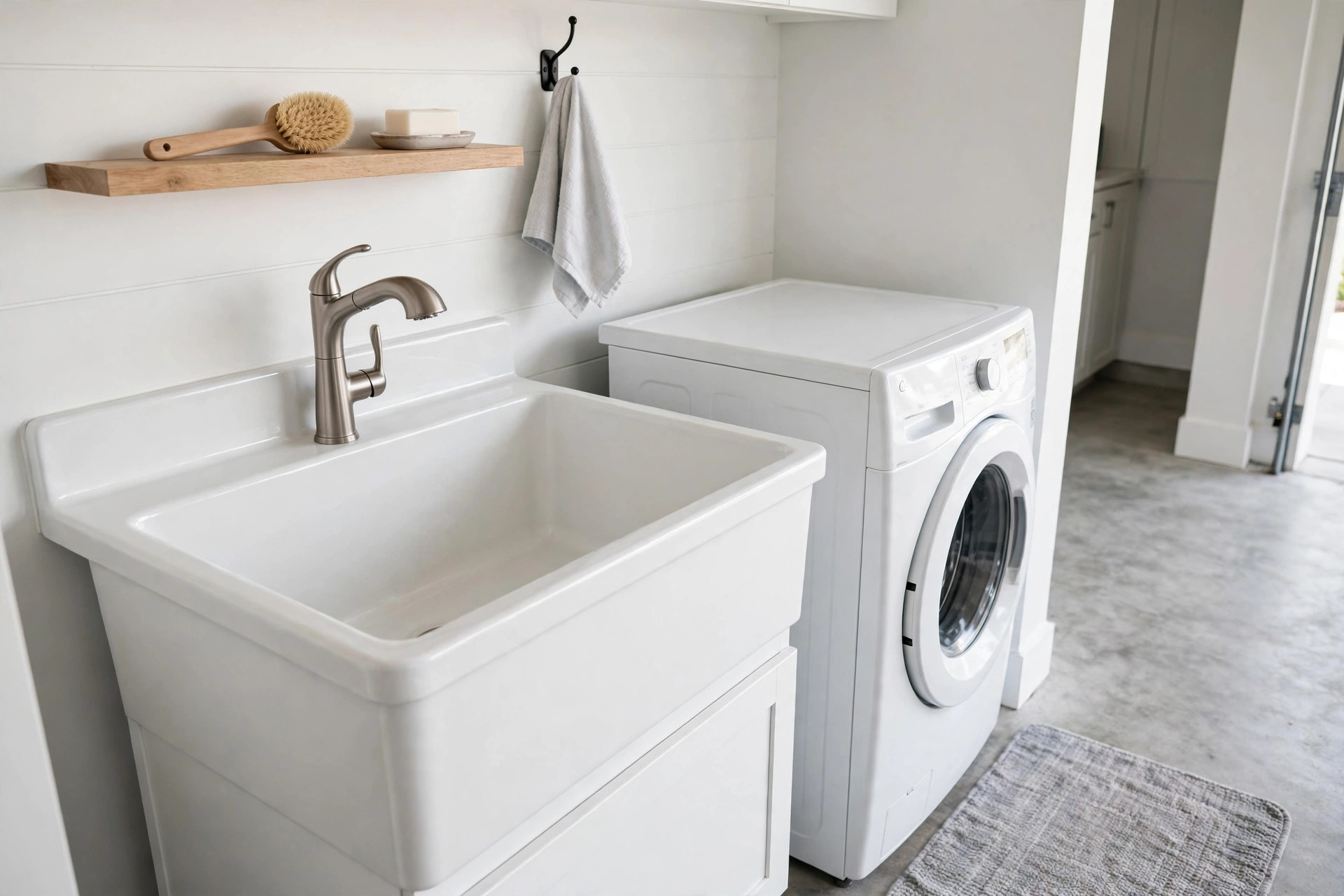 Deep white utility sink with a modern faucet beside a washing machine, shelf with brush and soap above