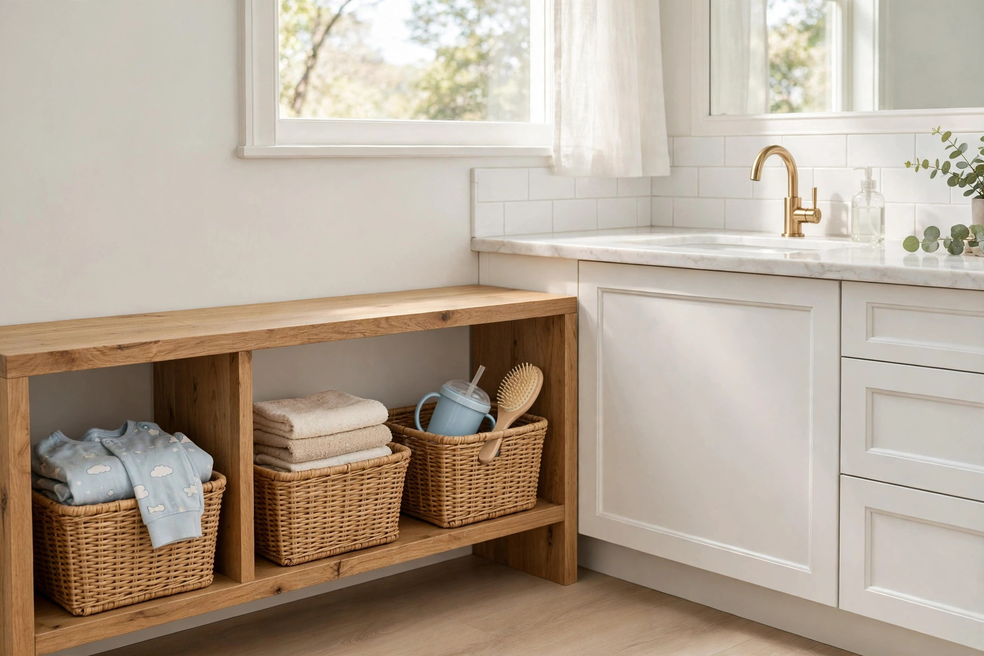 Low open wooden shelving with baskets holding a toddler's cup, brush and washcloths, a kids bathroom idea for toddlers