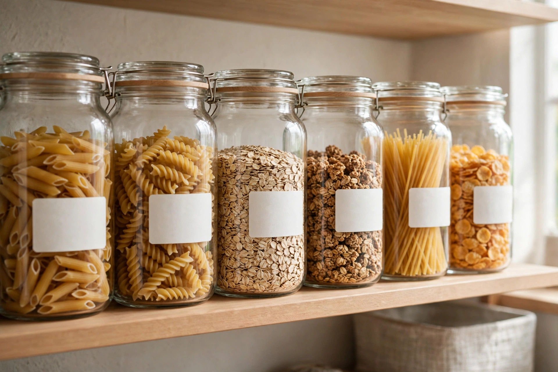 Row of glass jars of pasta, oats, granola and cereal with matching blank white labels
