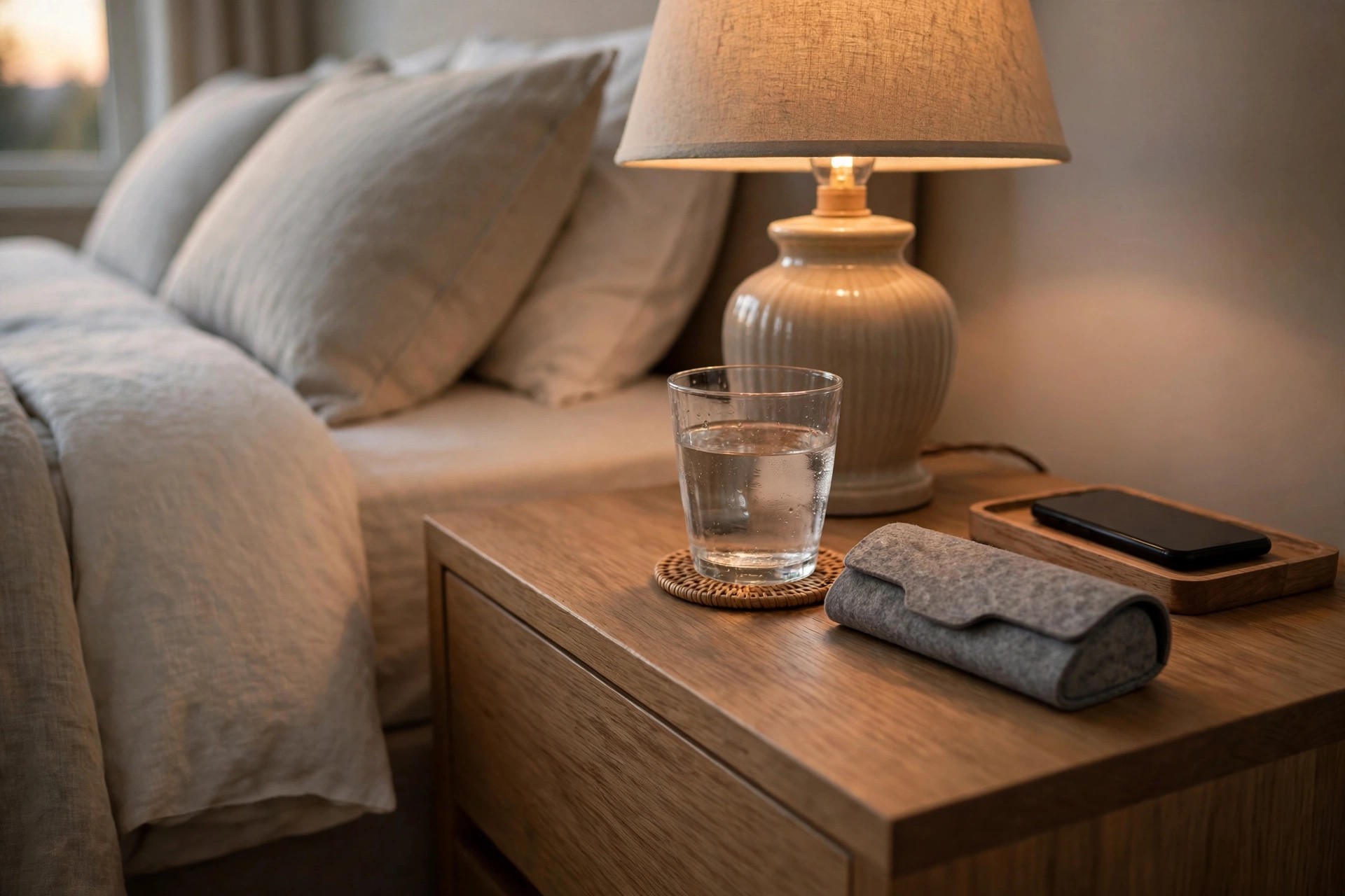 Tidy nightstand level with the bed holding a lamp, a glass of water, a glasses case and a phone on a tray