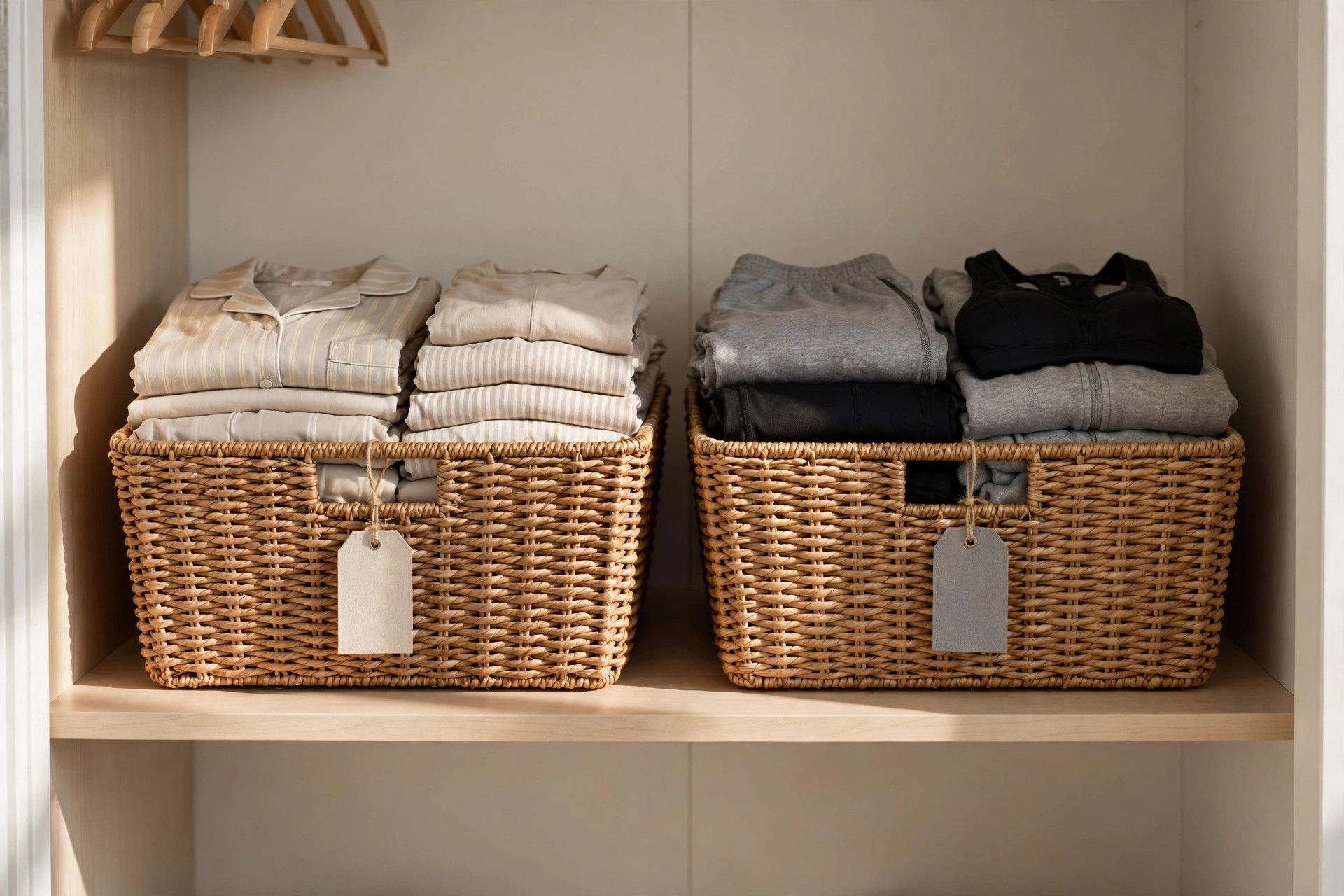 Two matching woven baskets with blank tags on a closet shelf filled with folded pyjamas and gym clothes