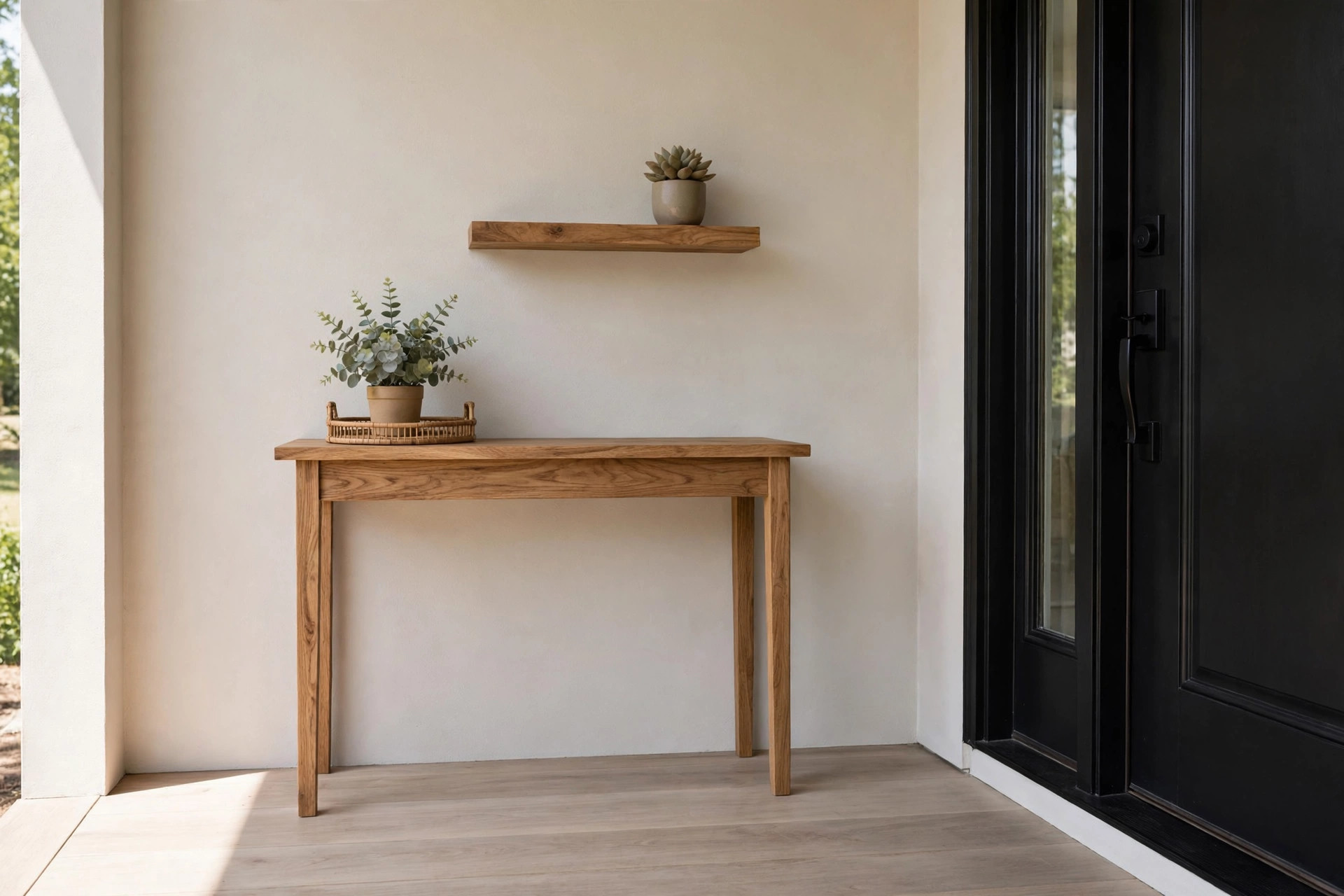 Narrow wooden console table and floating shelf with potted plants on a small front porch beside a black door