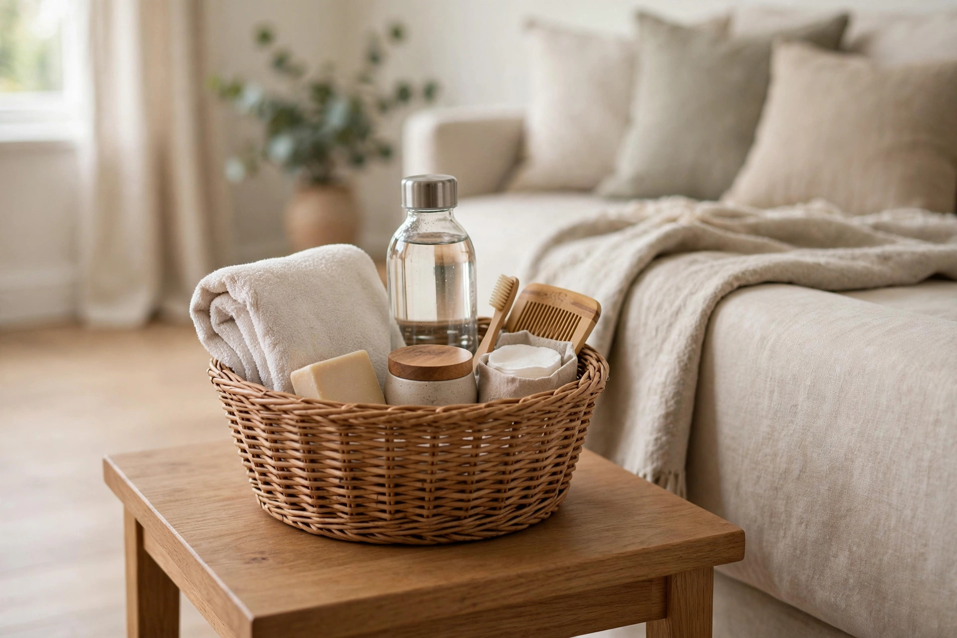 Woven guest basket with towel, water bottle and toiletries on a side table, a thoughtful sofa bed living room idea