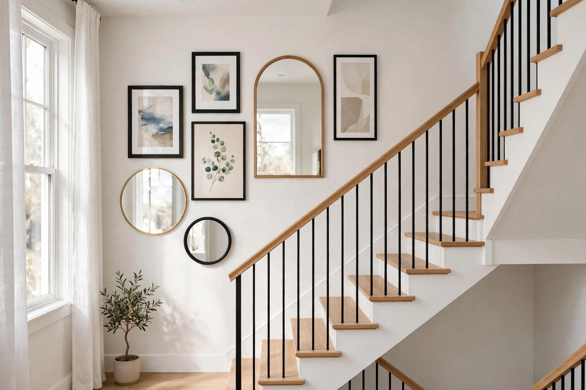 Round and arched mirrors mixed with framed art on a bright staircase wall