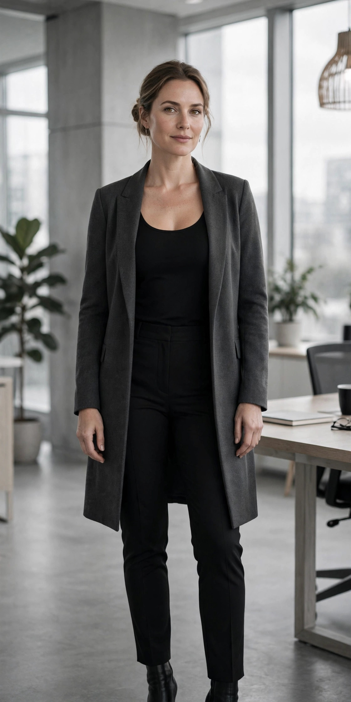 Woman with a large bust layering a black scoop-neck top under a longline charcoal blazer worn open, tonal office outfit