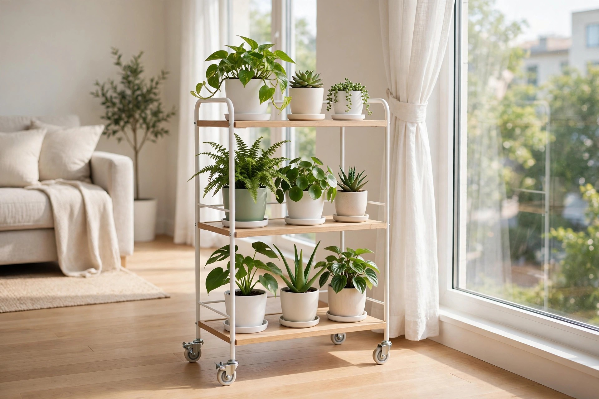 Rolling plant cart with three tiers of potted plants on wheels beside a sunny apartment window