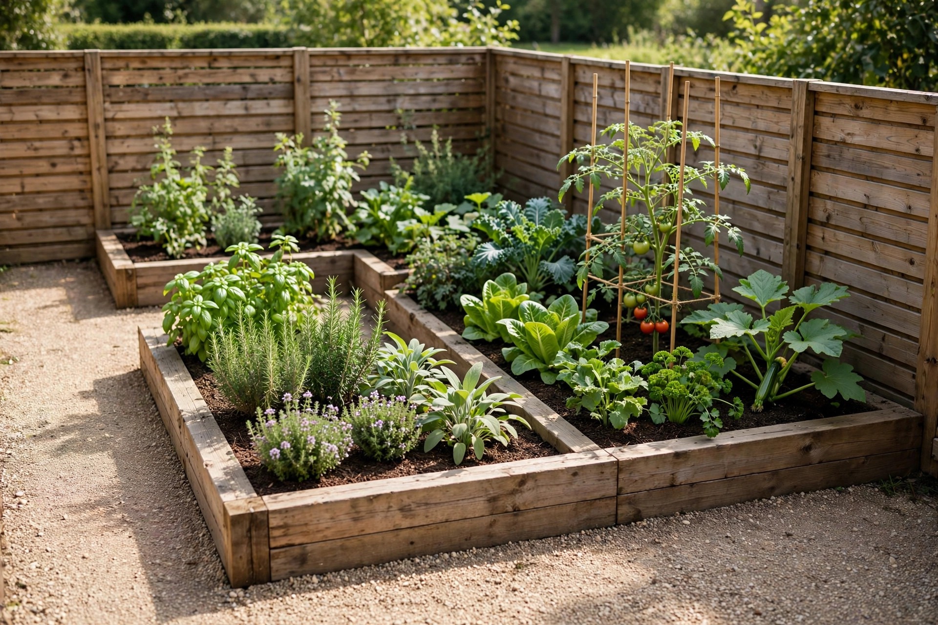 L-shaped corner raised beds in a sunny fence corner with herbs and vegetables