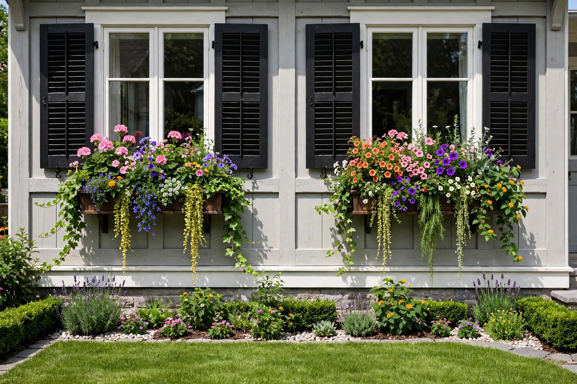 Window boxes overflowing with colourful flowers and trailing plants beneath front windows