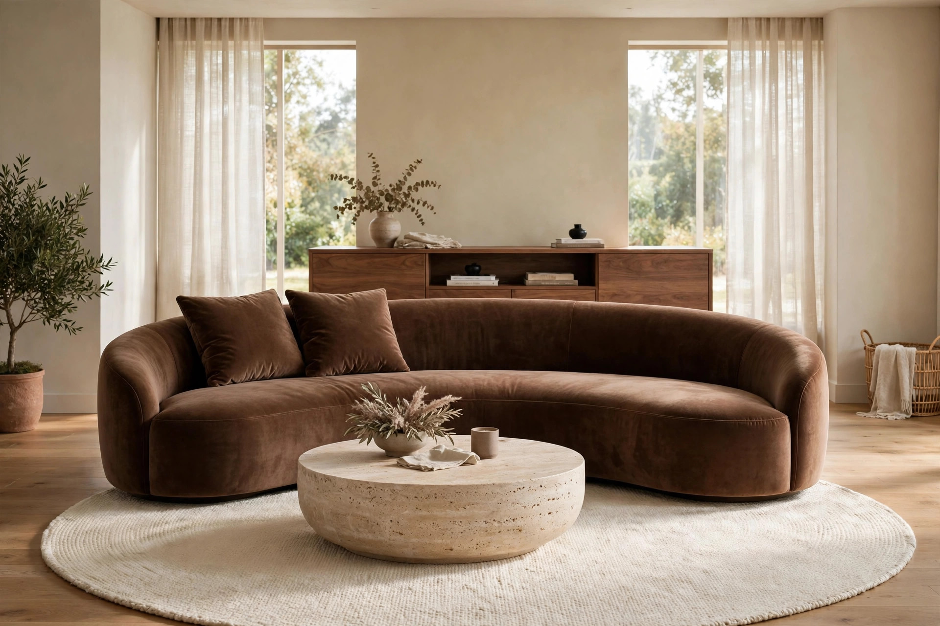 Curved chocolate brown velvet sofa in a modern living room with a round travertine coffee table