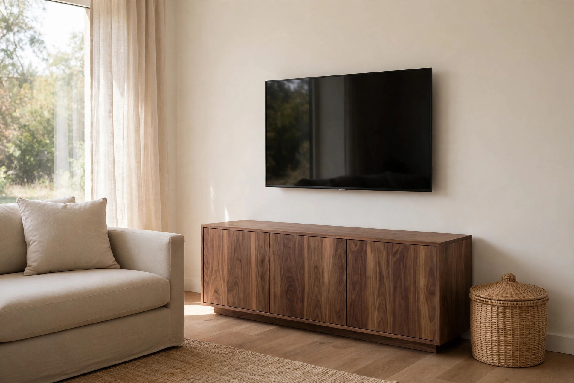 Plain-fronted walnut media console with closed doors and hidden storage in a minimalist brown living room