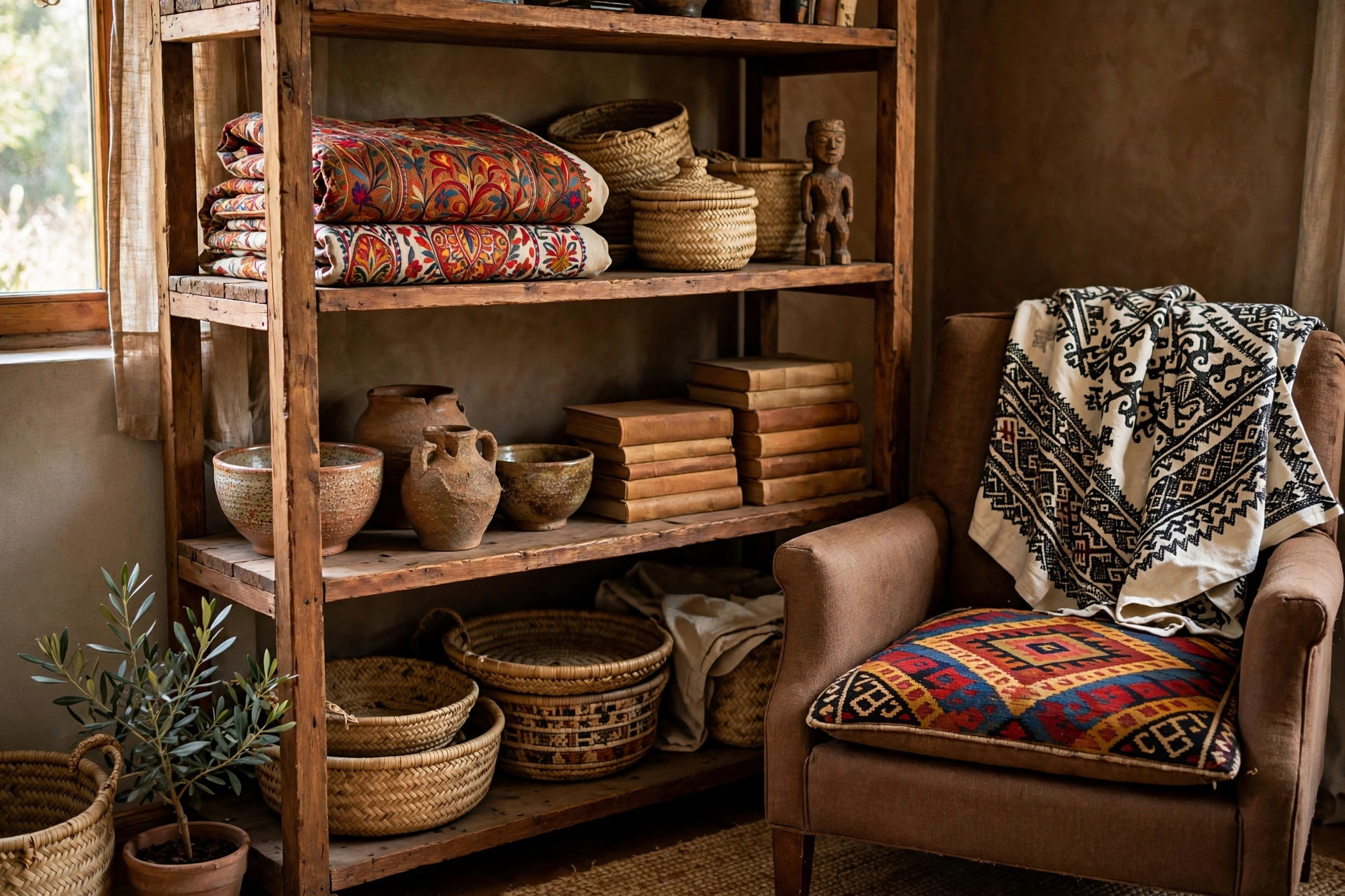 Open wooden shelves in an eclectic brown living room displaying global textiles, woven baskets, pottery and travel finds