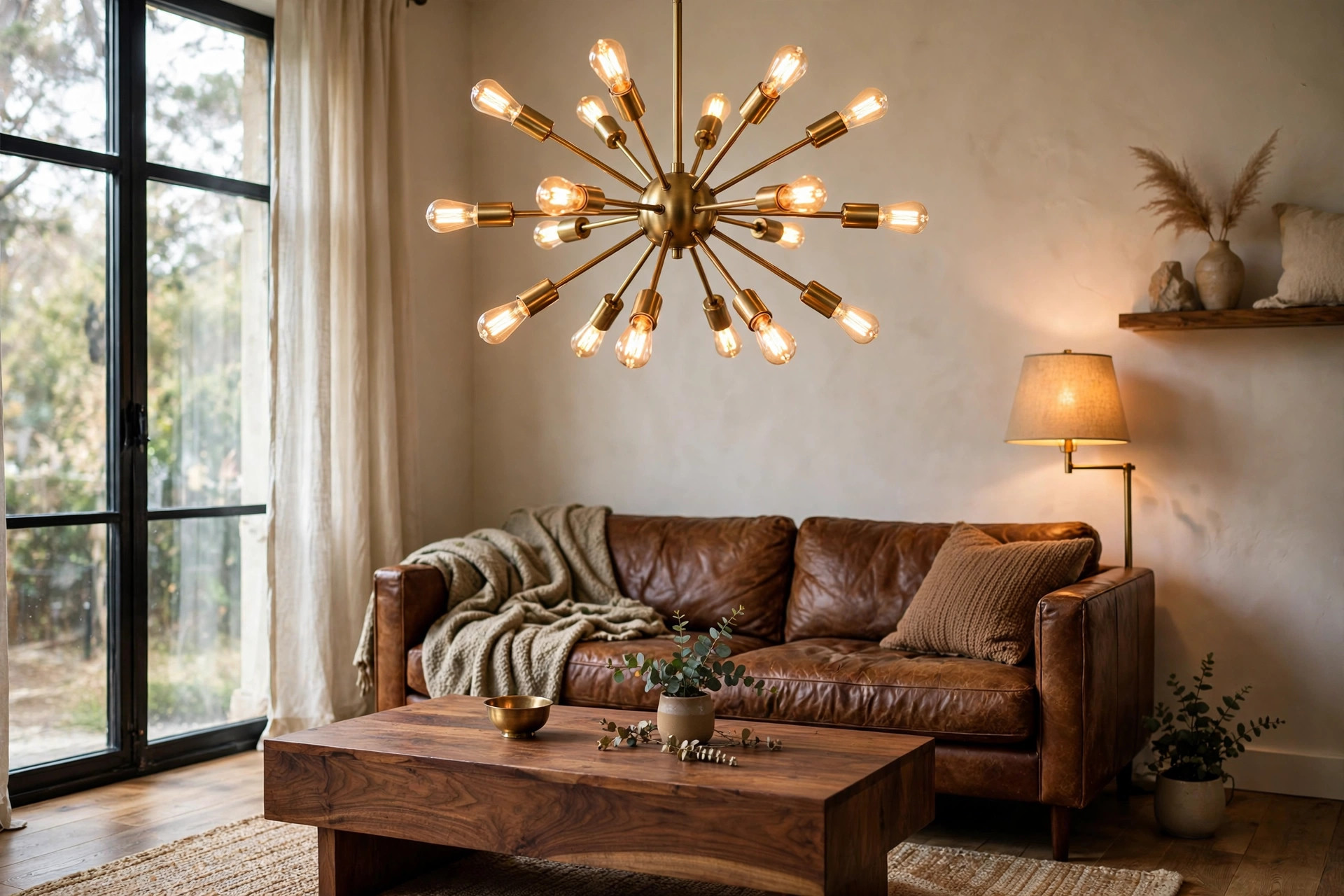 Statement gold chandelier above a walnut and leather seating area in a brown and gold living room