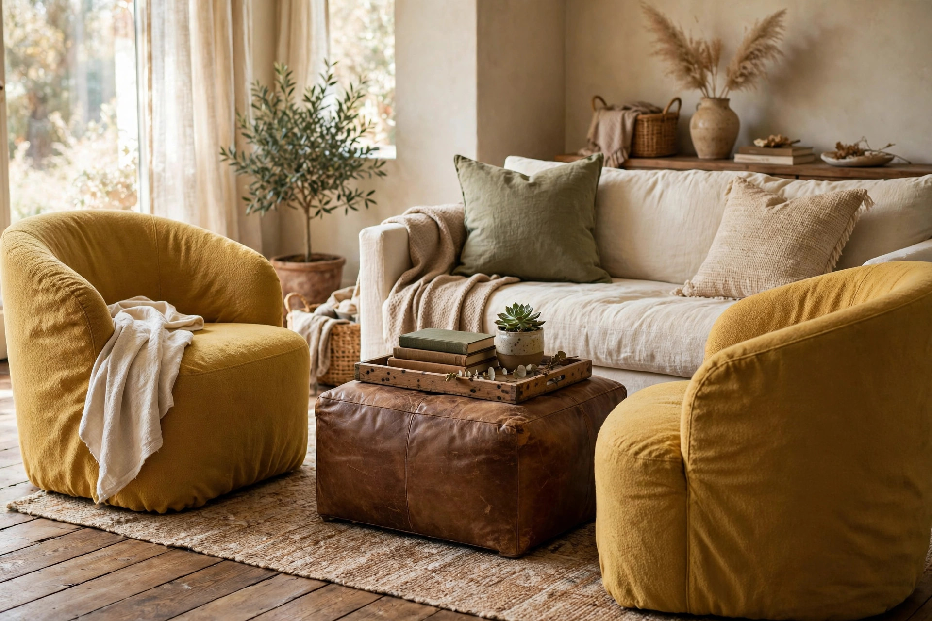 Pair of yellow accent chairs with a brown leather ottoman and neutral sofa